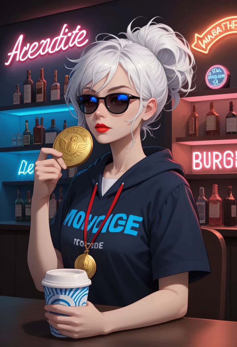 aszkstzz, white hair, island, sunglasses, holding cup, black jacket, school uniform, red lips, holding food, looking to the side, blue hoodie, neon lights, messy hair, short sleeves, hair up, mascara, blue bra, bottle, medal, socks, sweater, shelf, bodypaint,  zPDXL