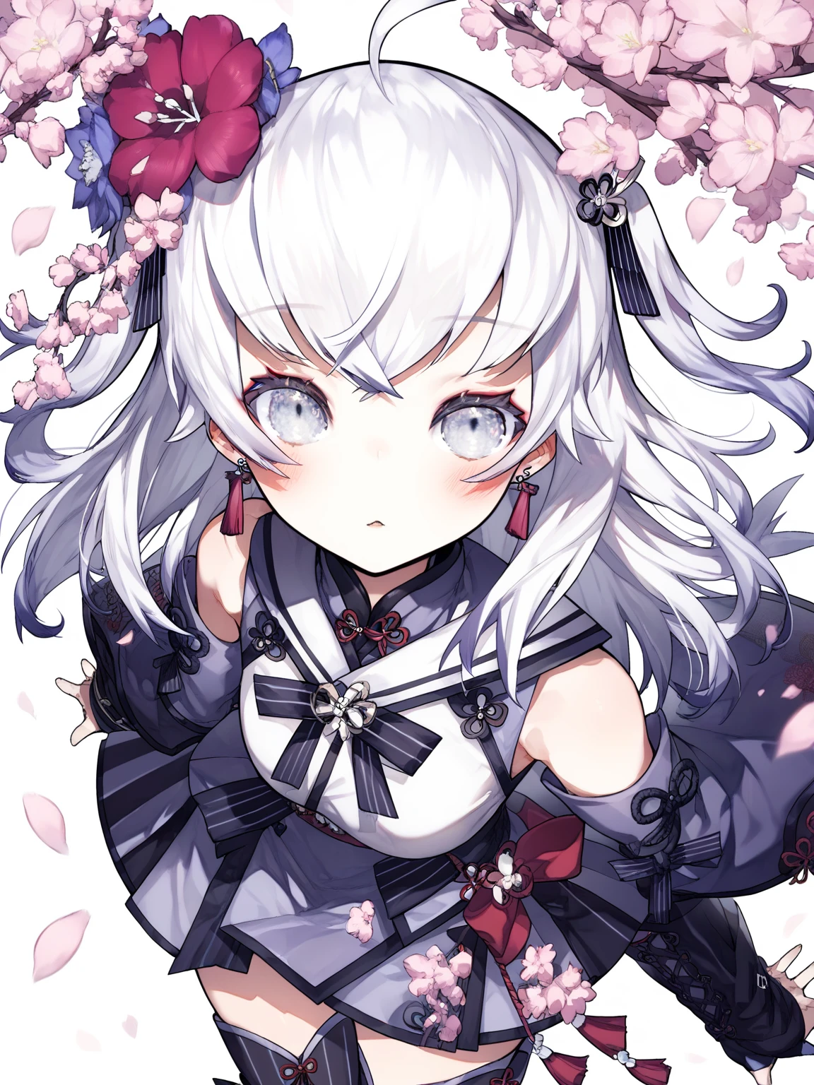 (score_9,score_8_up,score_7_up,),<lora:xuelian:0.9>,AzumaSeren,1girl,solo,virtual youtuber,striped,black thighhighs,boots,ahoge,hair flower,white hair,bangs,two side up,detached sleeves,earrings,grey eyes,jewelry,blush,upper_body,<lora:MikaPikaZoXLP6lokrV42310:0.7>,wind,cherry blossoms,(;d:1.2),from_above,