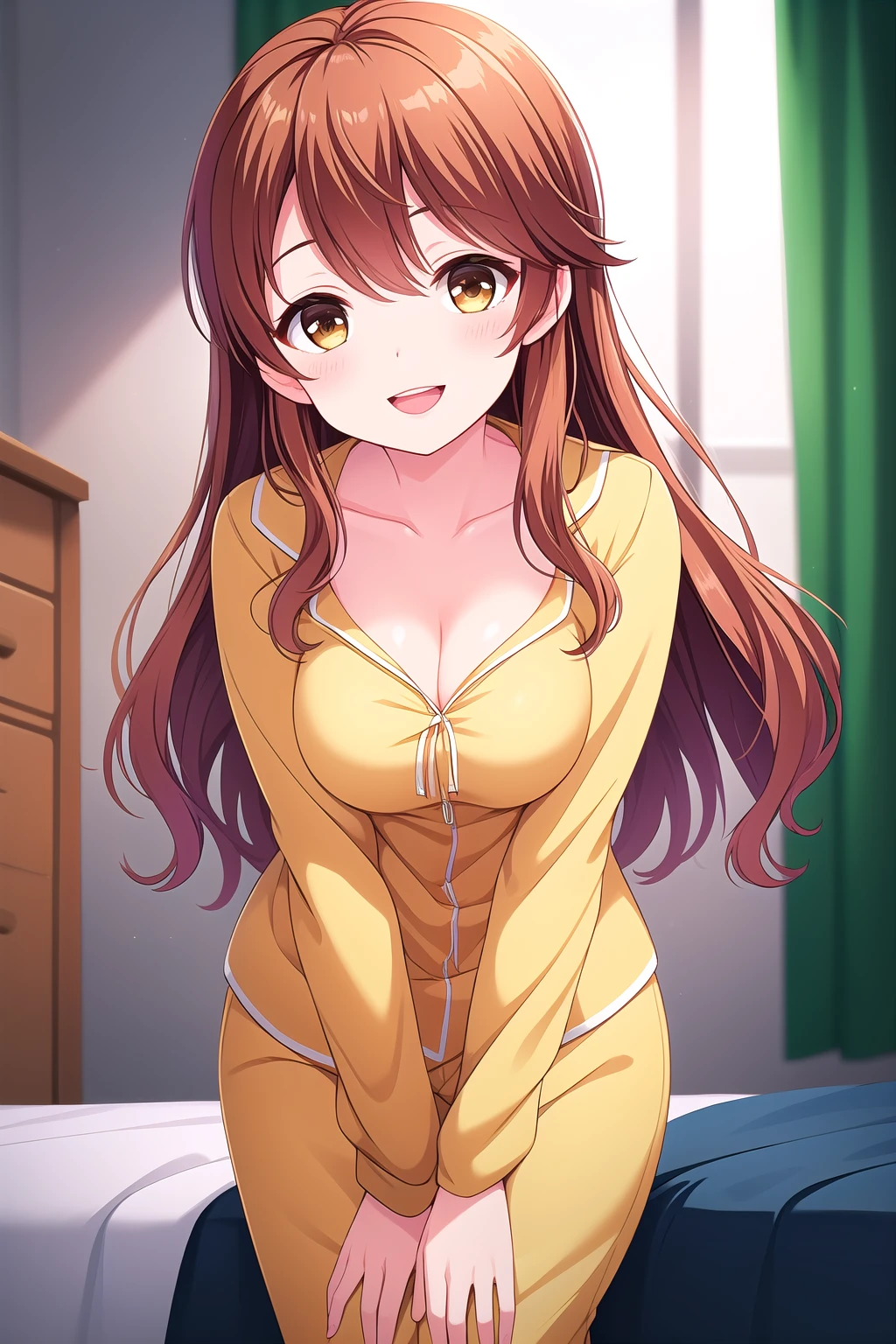 (masterpiece, best quality), highly detailed background, perfect lightingbest quality, kawakamiseri, solo, indoors, bedroom, light brown hair, hair between eyes, long hair, sidelocks, brown eyes, medium breasts, yellow pajamas, cleavage, yellow pants, smile, open mouth, :d, pink lips, <lora:Kawakami-Seri-2-10:0.7>