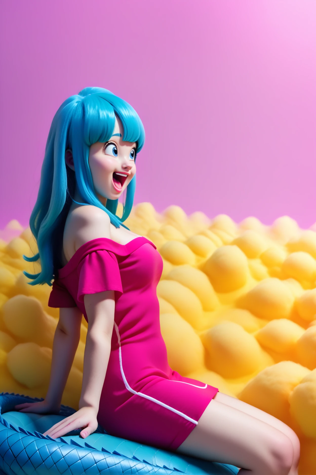 A playful woman holds a large candy and grins mischievously, her pose exaggerated. She is wearing a unique and colorful outfit with oversized accessories, giving her a strange and fun look, the candy though large, is designed in a cute and almost toy-like style, adding to the playful and cheerful feel of the scene. The background is bright and cheerful, adding to the overall playful atmosphere. very realistic, studio lighting, sexy, big boobs, naughty, cinematic