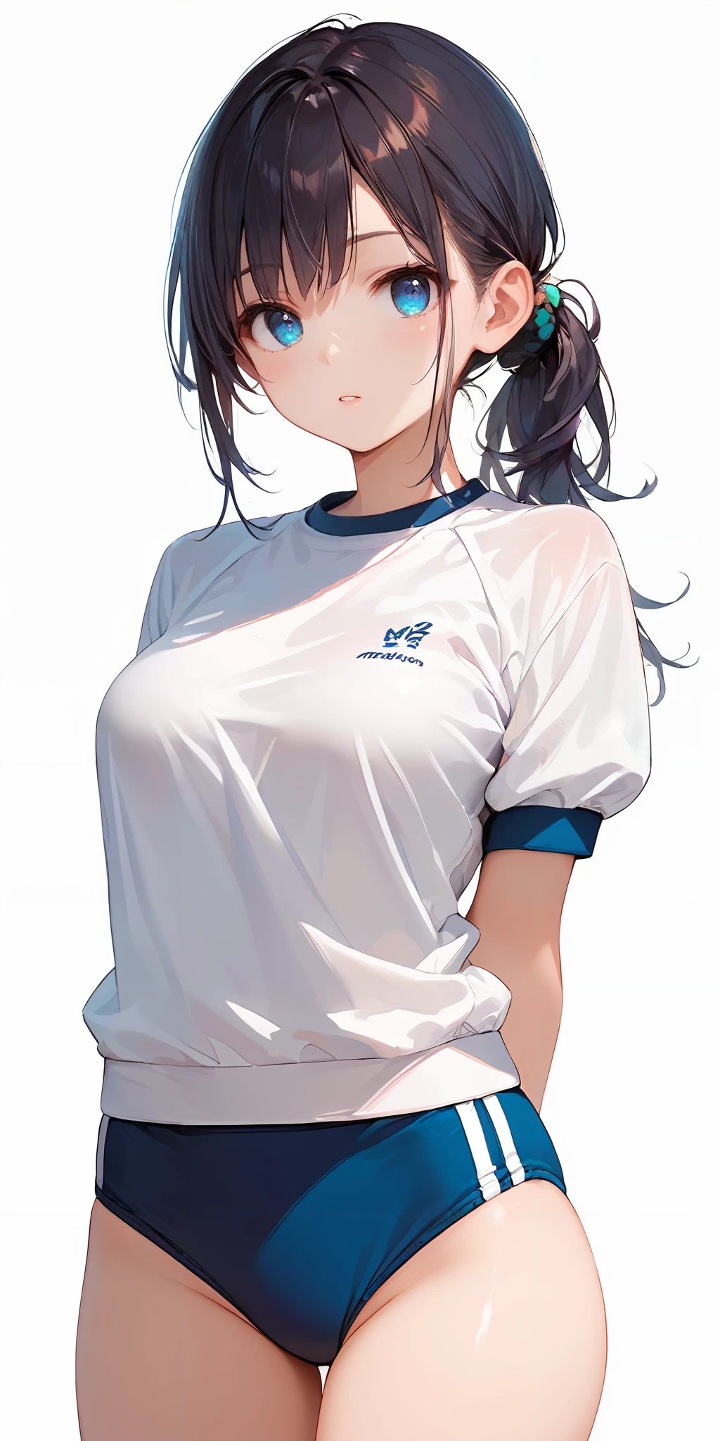 score_9, score_8_up, score_7_up,source_anime, high res image,masterpiece,best quality,girl,cute face,clear skin,shiny hair,ultra detailed eyes,simple background, <lora:buruma_Pony_V1.0:1> sgu, gym uniform,blue buruma