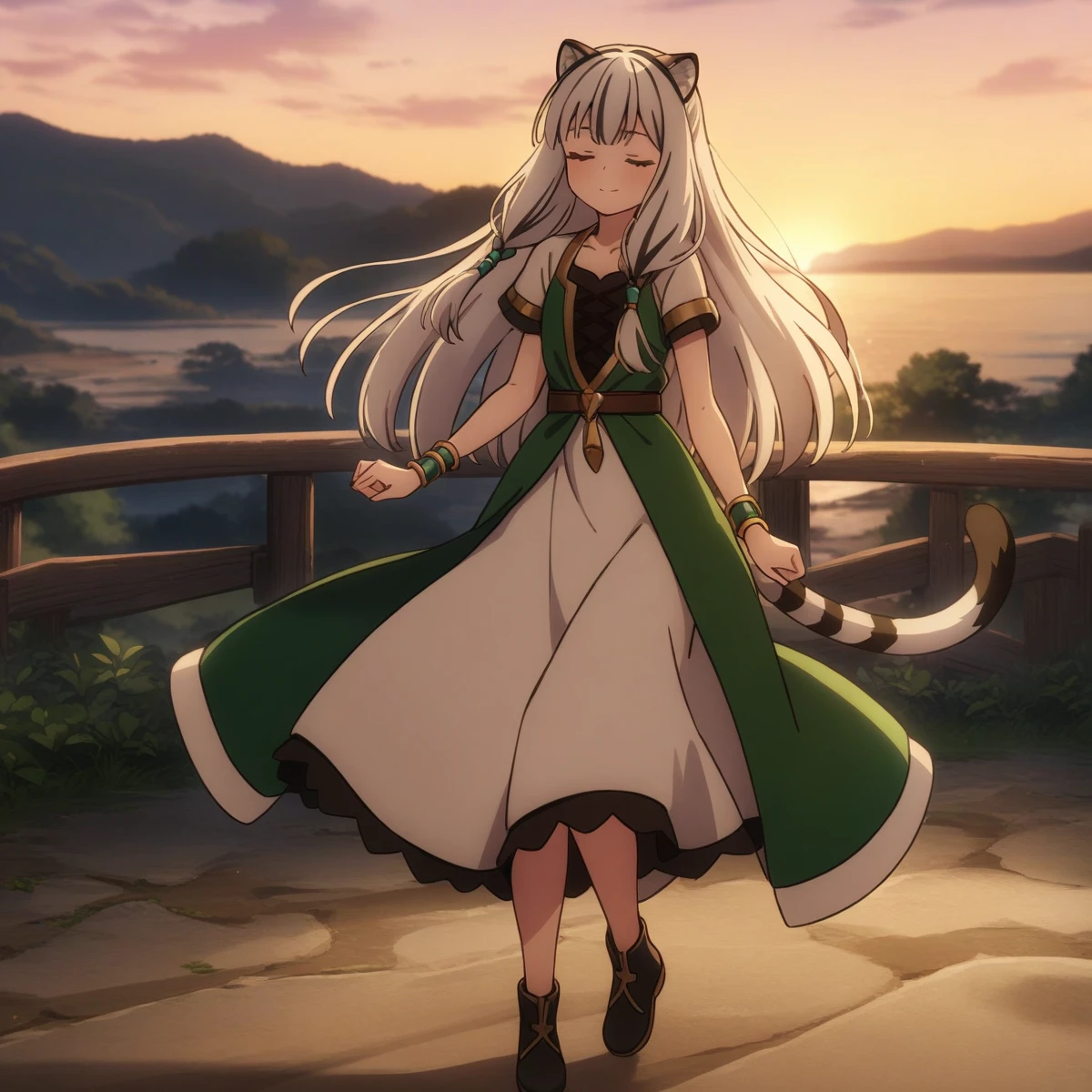 sunset, tny-atla, closed eyes,tail, bracelets, full body, solo, 1girl, outdoors, masterpiece, best quality, very aesthetic, absurdres <lora:tny-atla-000003:0.5>