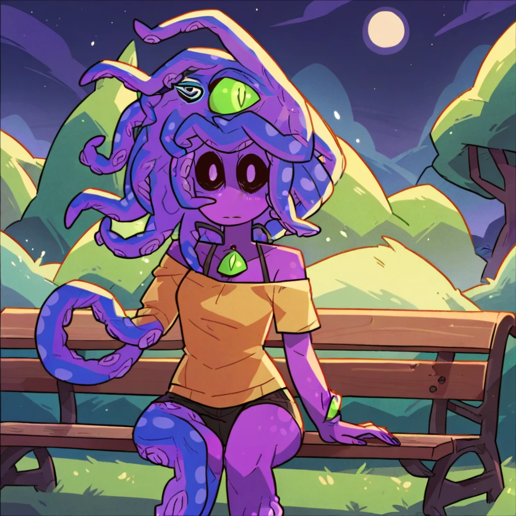 score_9, woman sitting on a park bench at night, <lora:(Monster Prom) - Zoe XL:1> zoe z'gord, colored skin, monster girl, tentacle hair, colored sclera, tentacles, black eyes, extra eyes, black sclera, no nose,