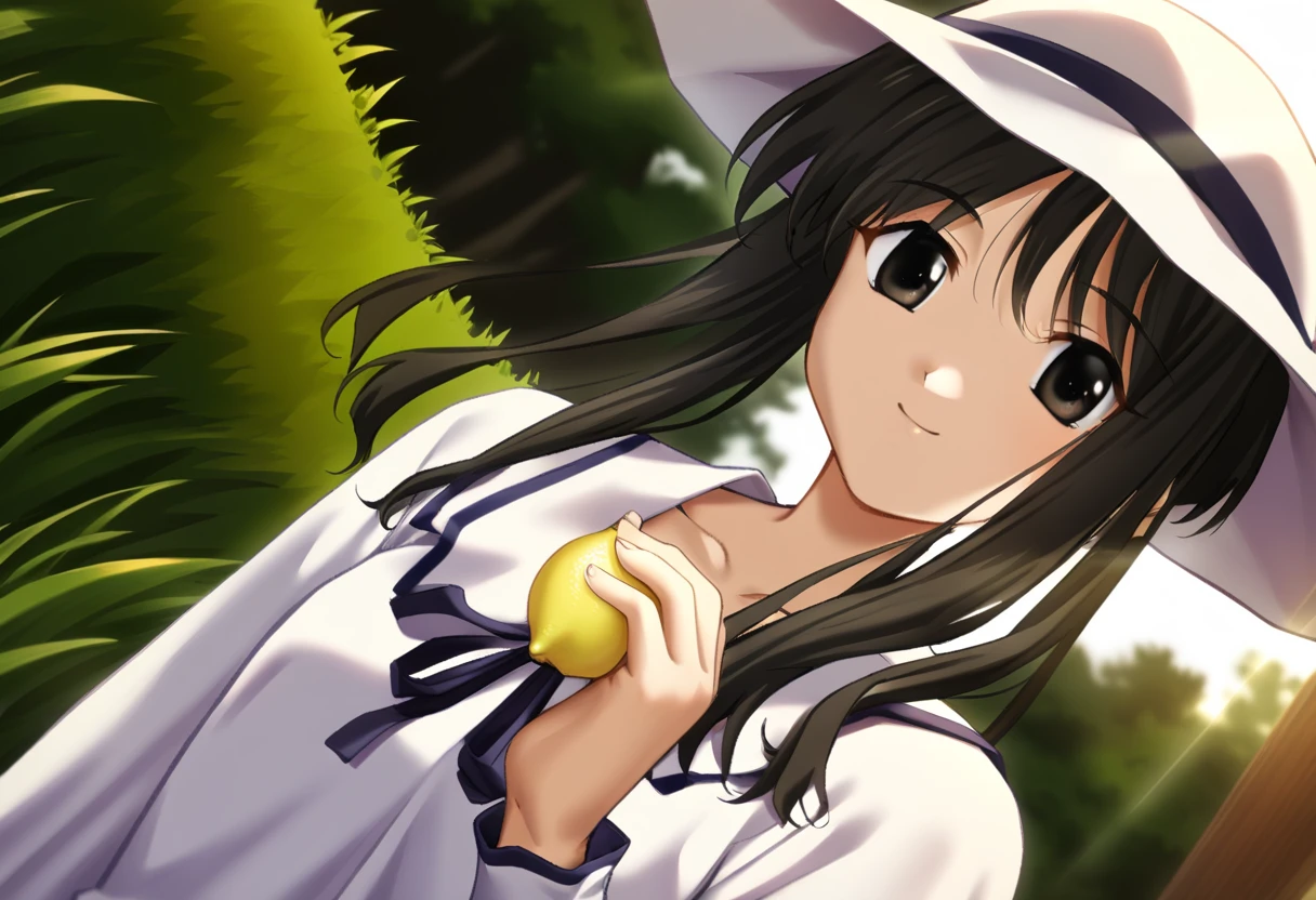 1girl, tsubame\(memories off 2\), solo, outdoors, ribbon, upper body, holding lemon, white sun hat, long sleeves, white dress, black long hair, black eyes, looking at viewer, grass, sidelocks, nature, collarbone, smile, wind, leaf, sunlight, masterpiece, best quality, very aesthetic, absurdres, <lora:tsubame:1>