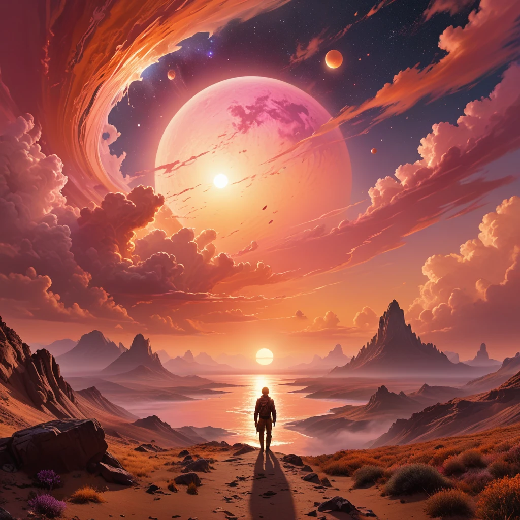In the depths of space, a surreal scene unfolds. The sky is painted in shades of orange and pink, as the sun begins to set. A fleeting traveler