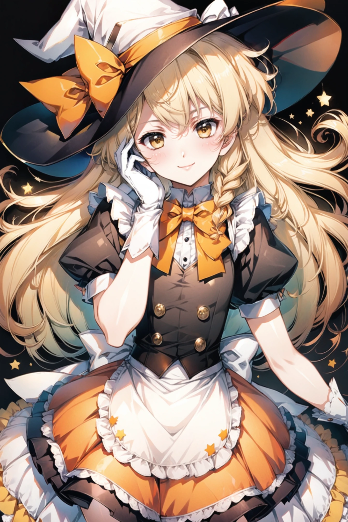 1girl,solo,kirisame marisa,hat,blonde hair,long hair,gloves,braid,witch hat,star (symbol),bow,yellow eyes,looking at viewer,short sleeves,single braid,white gloves,puffy sleeves,hat bow,puffy short sleeves,apron,black background,side braid,orange bow,vest,cowboy shot,black headwear,dress,closed mouth,frills,smile,skirt,adapted costume,waist apron,hair bow,hand on own face,ribbon,bowtie,shirt,blush,
<lora:flyx3_XL_netaArt:1>,