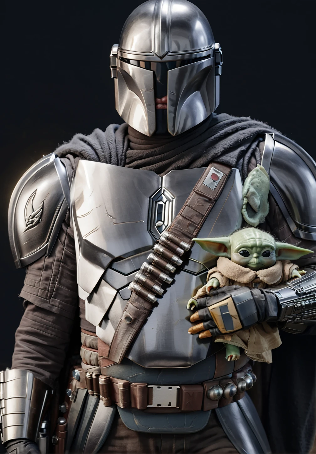 (upper body1.5) hyper-realistic photo of Mandalorian Pedro Pascal <lora:Mandalorian_Din_Djarin_SDXL:1> is wearing full beskar silver armor aiming a gun and holding baby Yoda, 8k uhd, dslr, intense gaze, furrowed brow, dramatic shadows, worn body armor with intricate details, soft lighting, high quality, background of star wars desert planet, intricate details, masterpiece, trending on artstation, realistic, Cinematic, epic, action packed, incredibly detailed and realistic, magnificent, vignette, high budget, bokeh, moody, sharp, highly detailed, concept art, realistic hands, dynamic pose, dynamic shot, fantastic location, majestic cluttered environment, 8k unity render, action shot, skin pores, detailed, detailed face, (vibrant, photorealistic, realistic, dramatic, dark, sharp focus, 8k), (intricate:1.5), (highly detailed:1.4), octane render, sharp focus, art by artgerm, (loish:0.23) , wlop ilya kuvshinov, and greg rutkowski and alphonse mucha gracias, (global illumination, studio light, volumetric light)