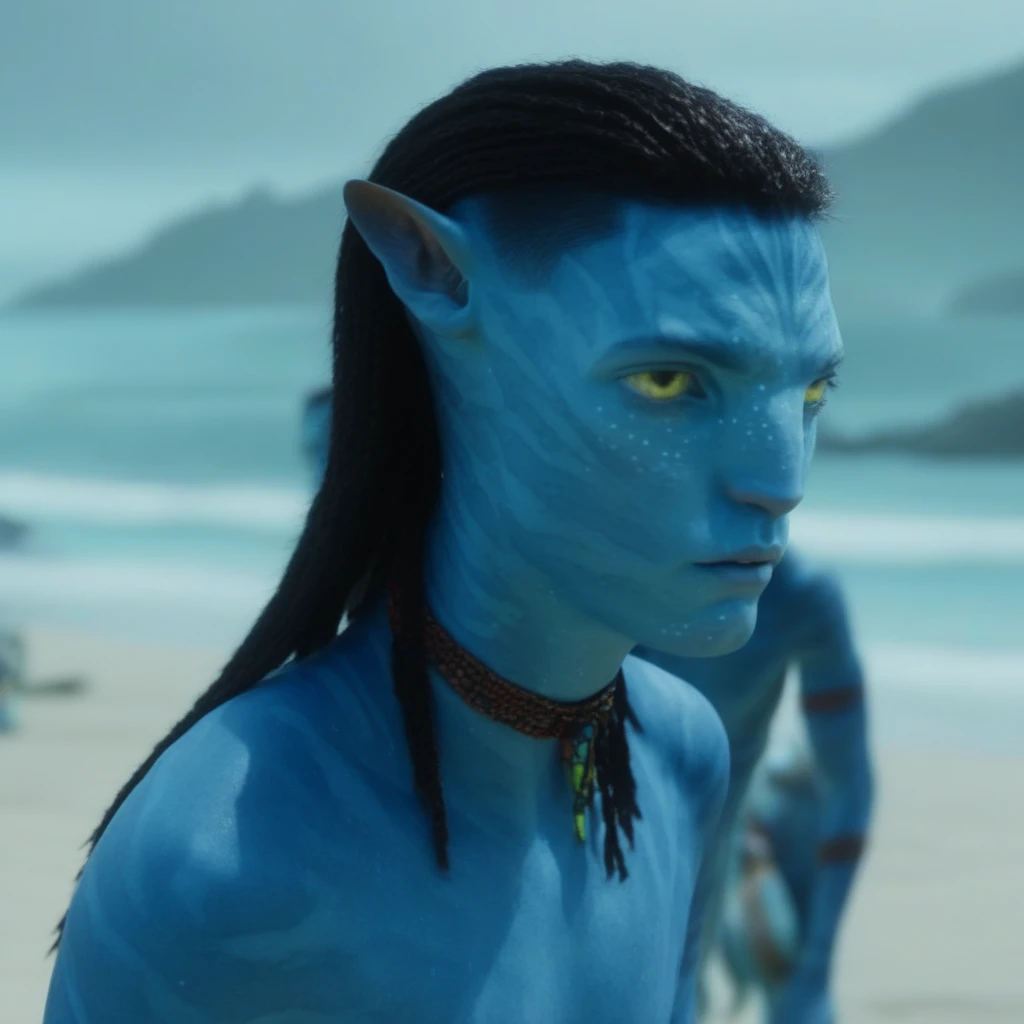 Na vi, Avatar, 1boy, alien, serious face, lots of details, blue skin, gloomy beach, 4k, 8k, movie still, freckles