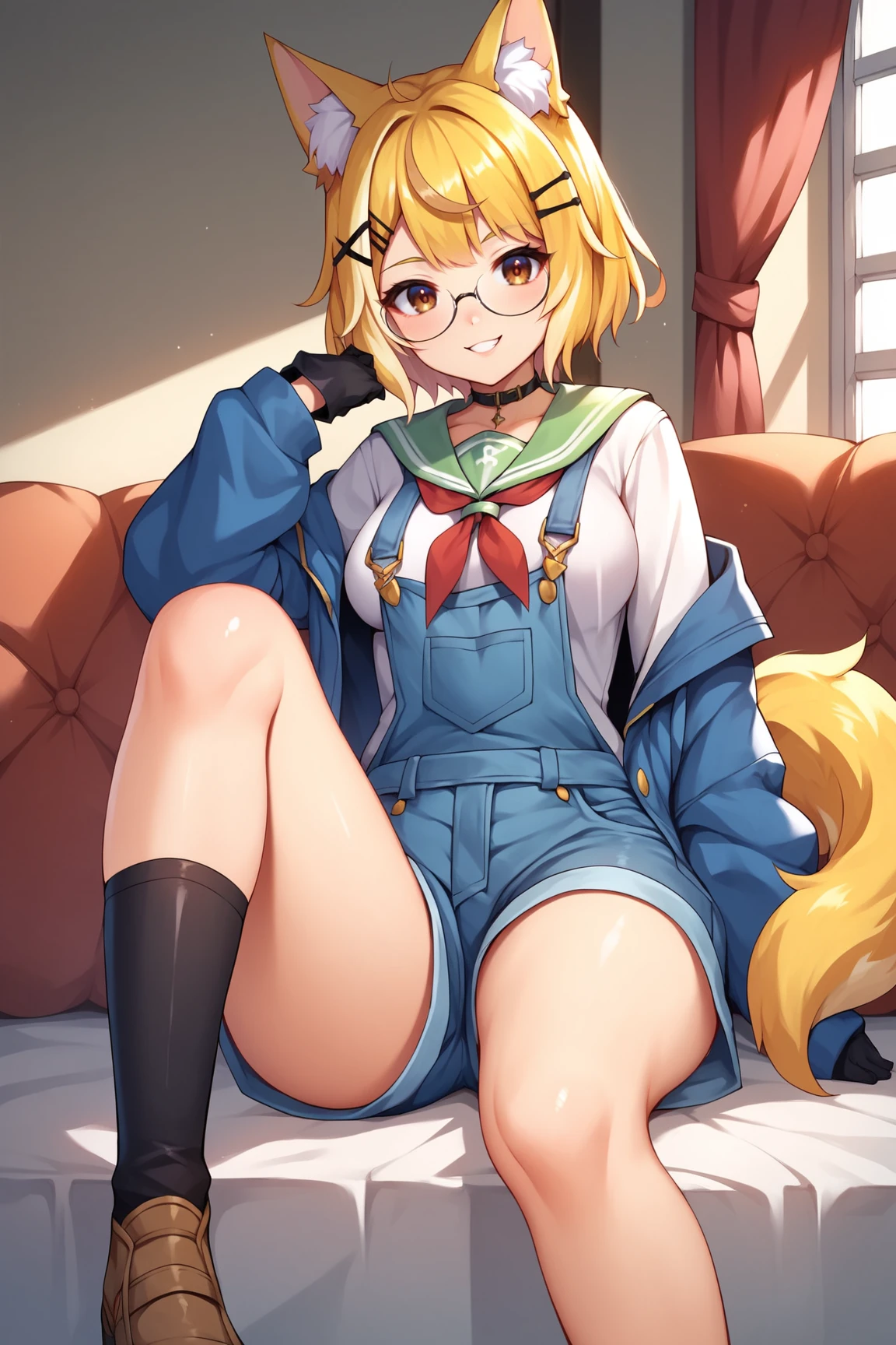 score_9, score_8_up, score_7_up, score_6_up, score_5_up, score_4_up, TriforceMoonVTXL, brown eyes, blonde hair, multicolored hair, short   hair, hair ornament, animal ears, glasses, medium breasts, off shoulder, blue jacket, sleeves past writs, serafuku, (green sailor collar), school uniform, ((overalls)), black gloves, short jean, tail, asymmetrical legwear, single thighhighs, boots, sitting, dynamic pose, seductive smile, looking at viewer, indoors <lora:TriforceMoonVTXL:0.8>