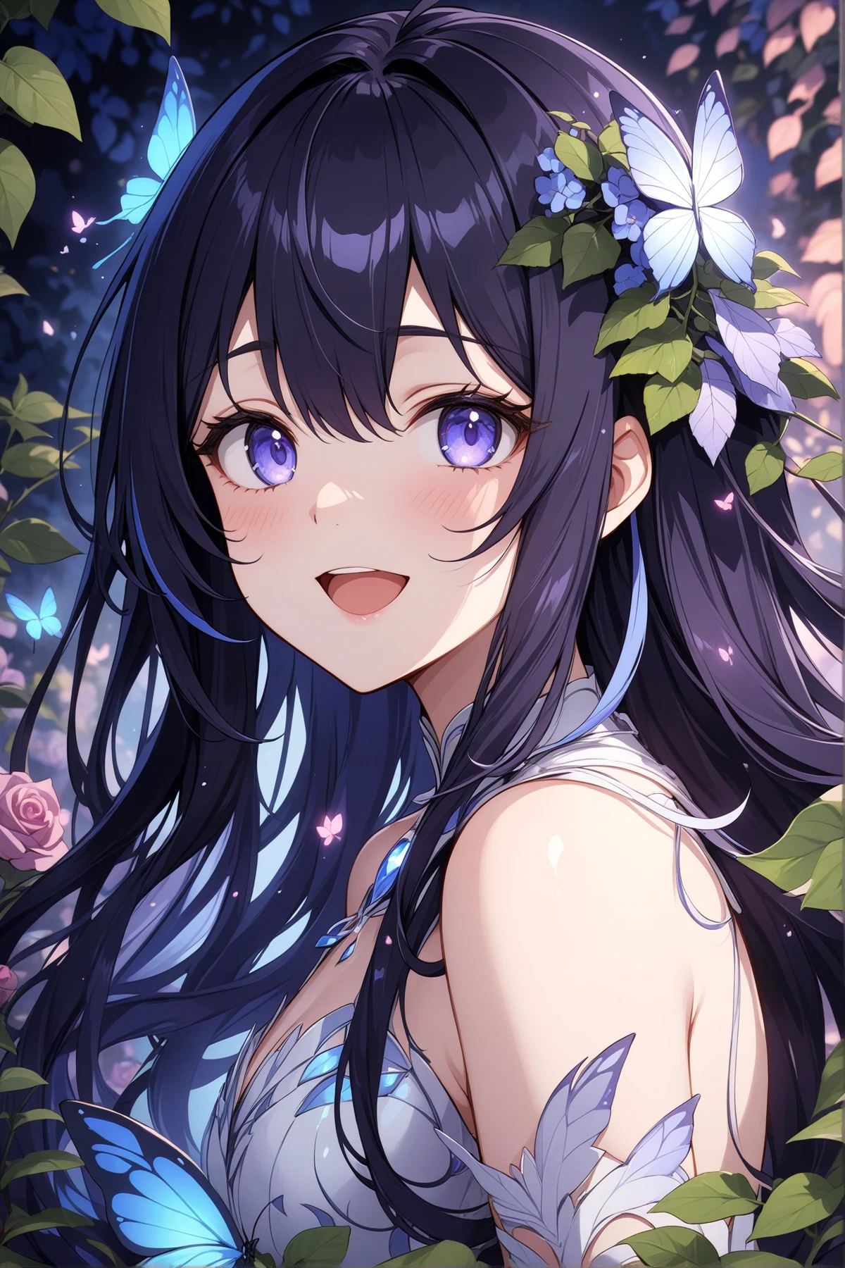 1girl, seele vollerei(herrscher of rebirth), ahoge, long hair, nose blush, beautiful smile, open mouth, close up, abstract, flower, leaf, vine, garden, butterflies, glowing, iridescent glow, bioluminescent, roses, masterpiece, best quality, very aesthetic, absurdres, newest, intricate details, ai generated, intricate