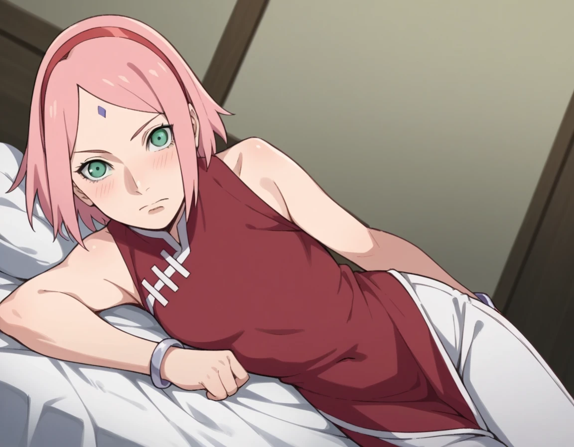 Lying on a bed open shirt showing bra panties visible 