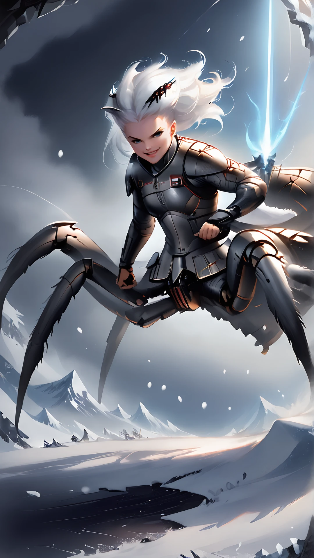 <lora:4r4chn1dPony:0.75>, score_9, score_8_up, score_7_up, score_6_up, fantasy 4r4chn1d, concept art, digital art, realistic, detailed face, solo, arachnid, Snow leopard cub inspired desktop wallpaper, official_wallpaper, atmospheric, warrior, smirk, combat stance, holding a weapon, white hair, Medium skin, Ringlets, <lora:Smooth Anime 2 Style SDXL_LoRA_Pony Diffusion V6 XL:0.8>, in location ancient aqueduct, (Masterpiece:1.3) (best quality:1.2) (high quality:1.1)