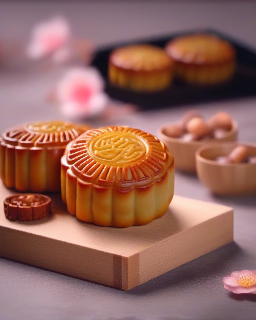 mooncake, no humans,blurry,depth of field,scenery,blurry background,, best quality,High Quality,realistic,RAW photo,masterpiece,8k,insane details,High detail,hyperdetailed, Lighting,Master Lighting,film grain,<lora:cnfood-XL:1>
