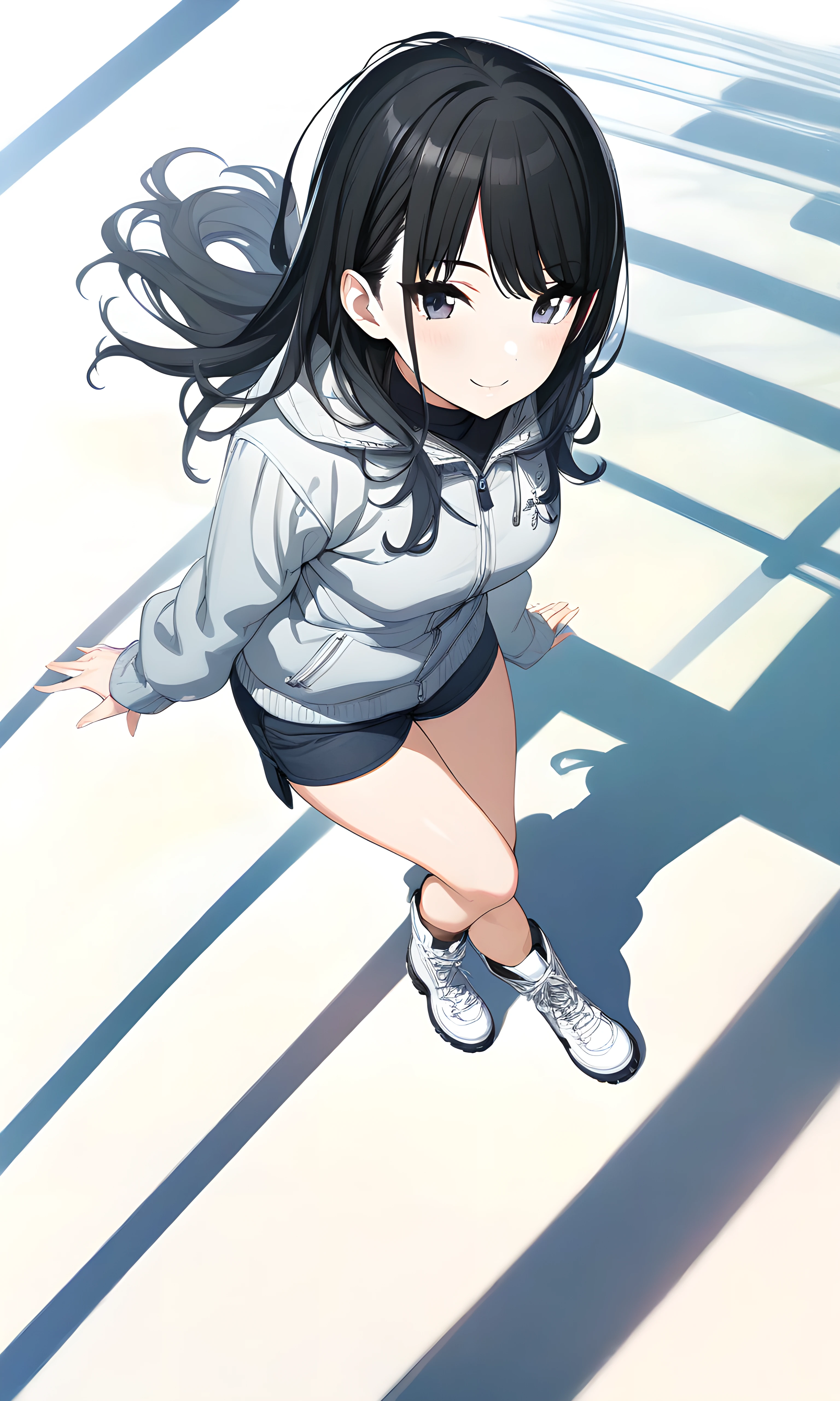 (masterpiece),(best quality),(ultra-detailed),(best illustration),(best shadow),(absurdres),(detailed background),(very aesthetic),  hiori kazano, 1girl, solo, black hair, boots, white background, shorts, full body, white footwear, simple background, smile<lora:XL-HioriKazanov1:1>