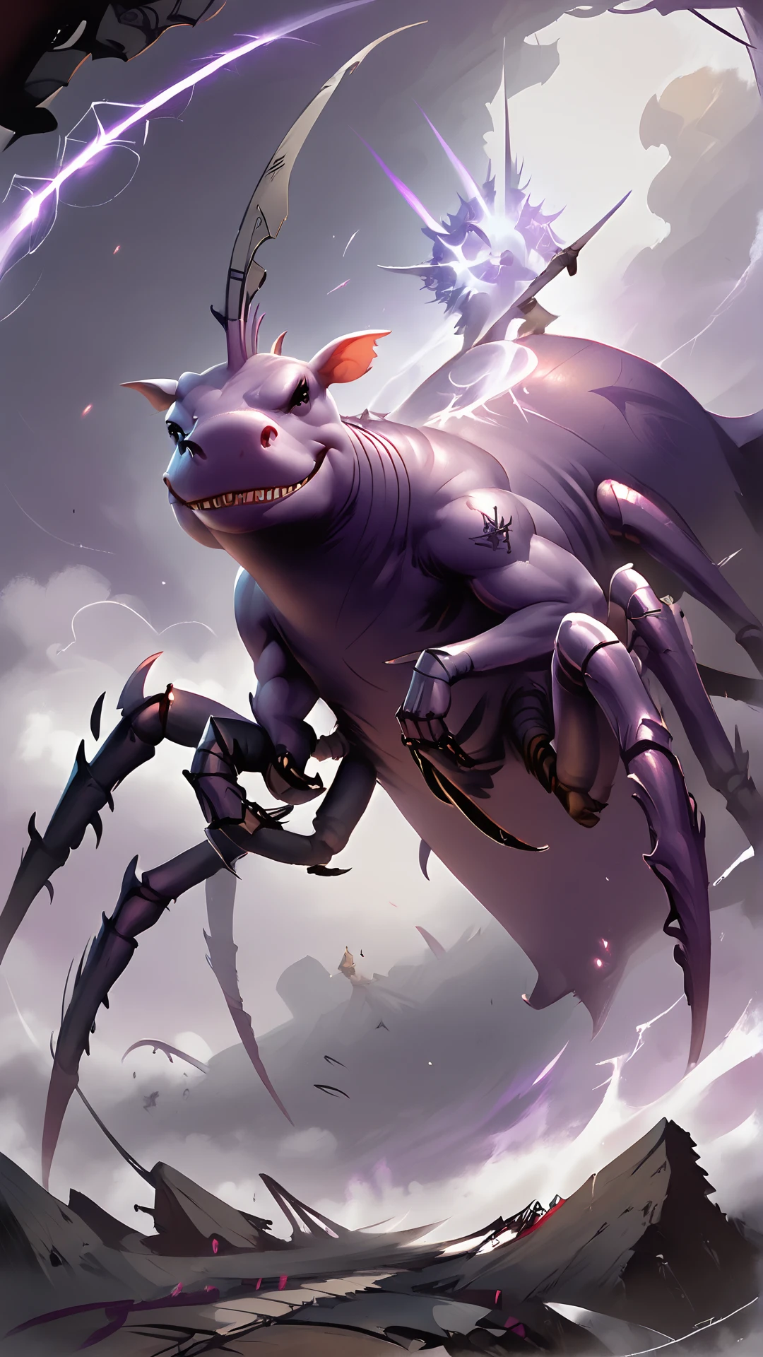 <lora:4r4chn1dPony:0.75>, score_9, score_8_up, score_7_up, score_6_up, fantasy 4r4chn1d, concept art, digital art, realistic, detailed face, solo, arachnid, Hippopotamus inspired desktop wallpaper, official_wallpaper, atmospheric, warrior, smirk, combat stance, holding a weapon, purple hair, Black skin, Topknot, <lora:Smooth Anime 2 Style SDXL_LoRA_Pony Diffusion V6 XL:0.8>, in location meteor crater, (Masterpiece:1.3) (best quality:1.2) (high quality:1.1)