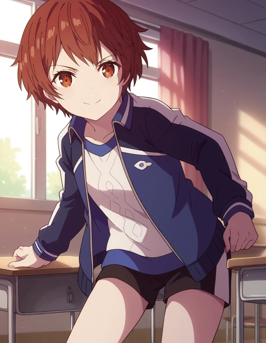 score_9, score_8_up, score_7_up, source_anime,
isamihijikata, <lora:isami-hijikata-movie-ponyxl-lora-nochekaiser:1>,
isami hijikata, short hair, brown hair, brown eyes,
jacket, shorts, black shorts, blue jacket, open clothes,
indoors, classroom, bent over, smile,
solo, dutch angle, looking at viewer, cowboy shot,