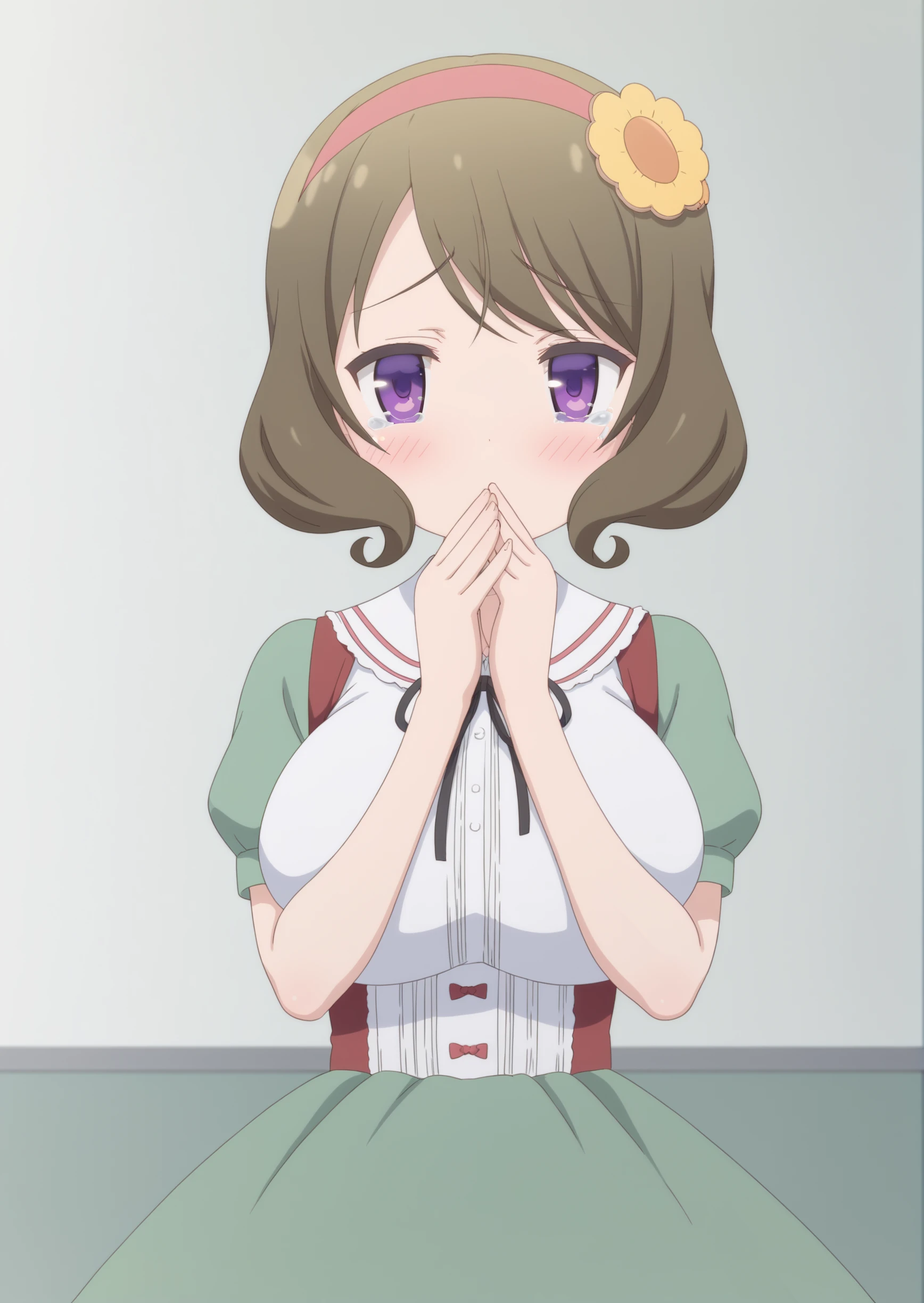 score_9,score_8_up,score_7_up,source_anime,masterpiece,best quality,1girl,solo focus,
kuroyanagi ruriko,purple eyes,hairband,hair flower,
white shirt,short sleeves,green sleeves,long skirt,green skirt,black ribbon,white socks,mary janes,
huge breasts,skinny,shiny skin,
blush,happy,tearing up,
standing,upper body,
indoors,facing viewer,own hands together,covering mouth,
<lora:StS_detail_slider_v1:3> <lora:kuroyanagi_ruriko:0.8>