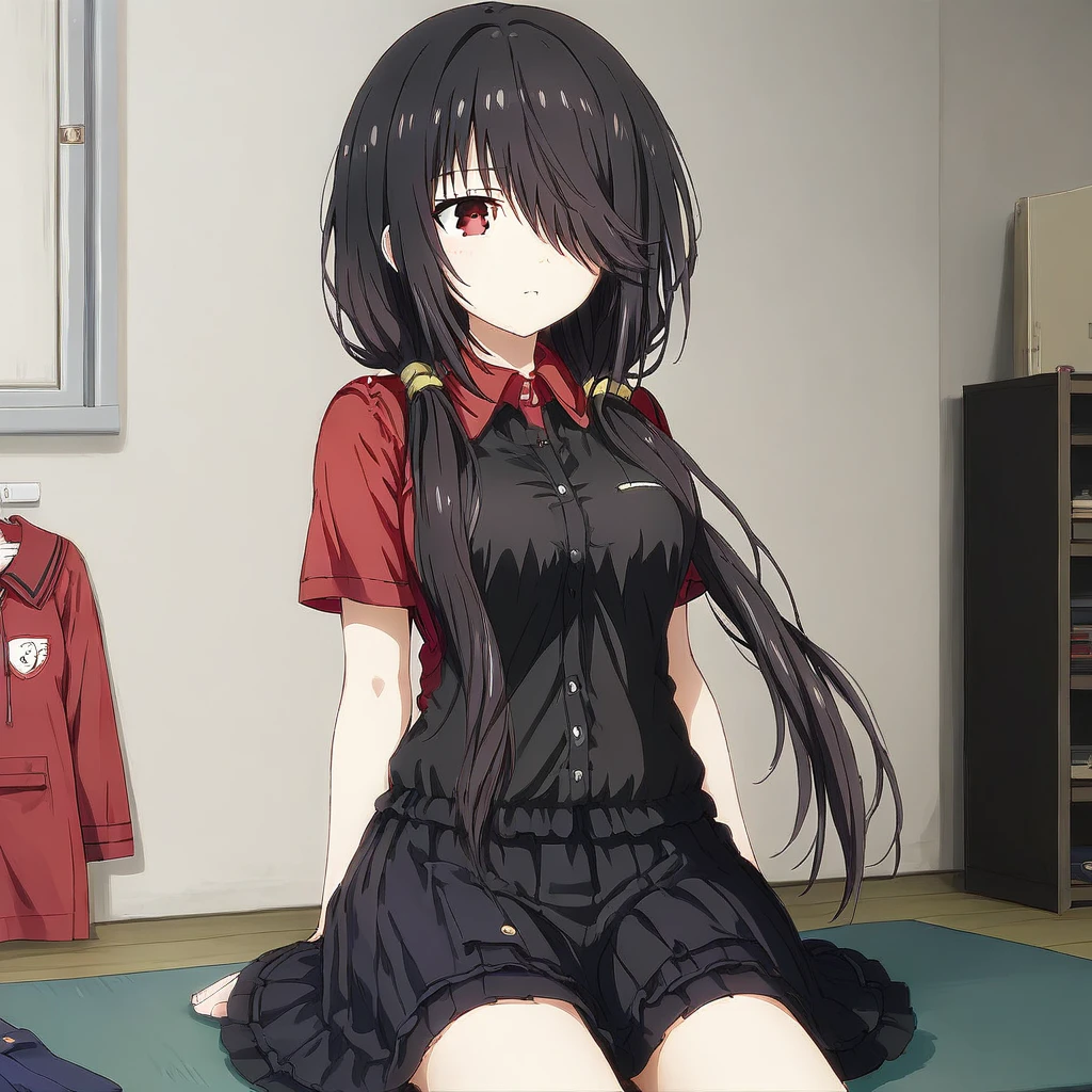 1girl, red eyes, hair over one eye, black hair, twintail, breast, red shirt, plated skirt, black shirt, sitting, room background