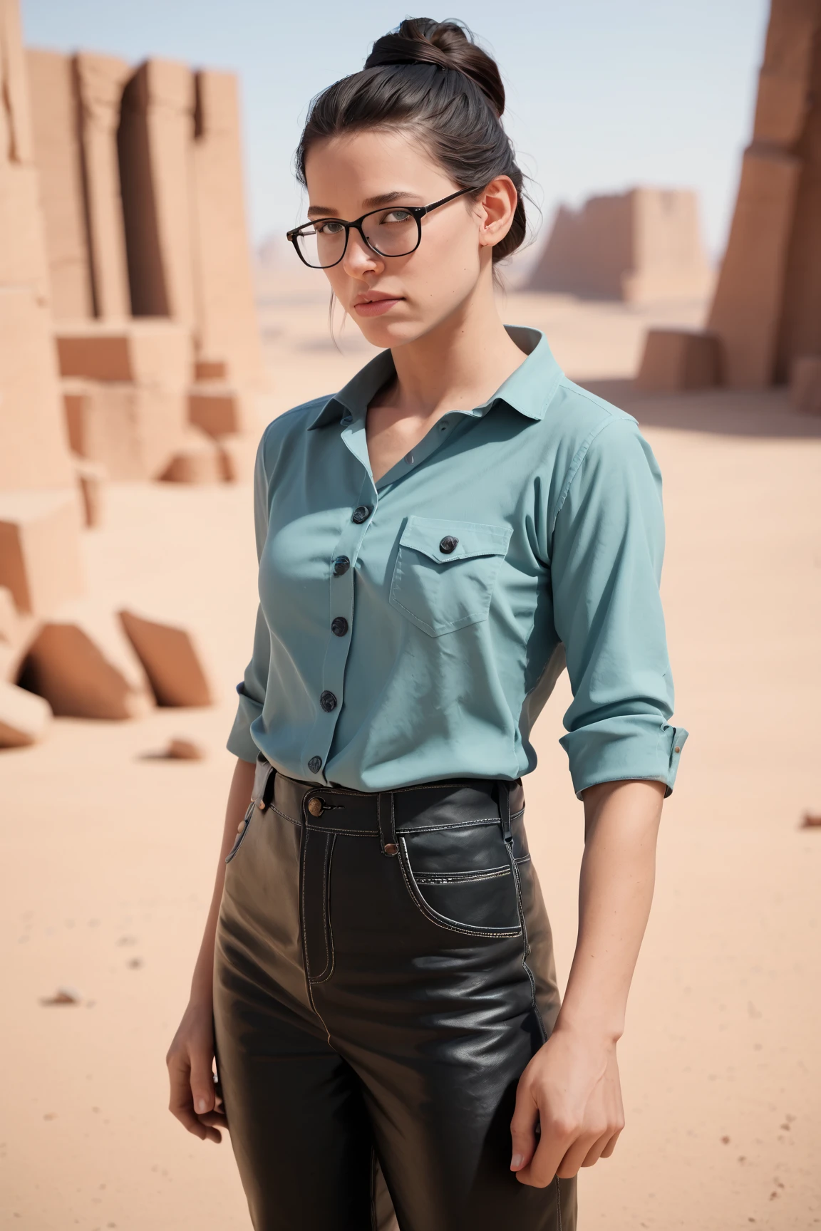 zPDXL2, zPDXLpg, zPDXLrl, realistic portrait photograph of a columbian woman with black hair, updo, black rim glasses, teal button shirt, leather pants outdoors desert ruins, broken columns and arches
