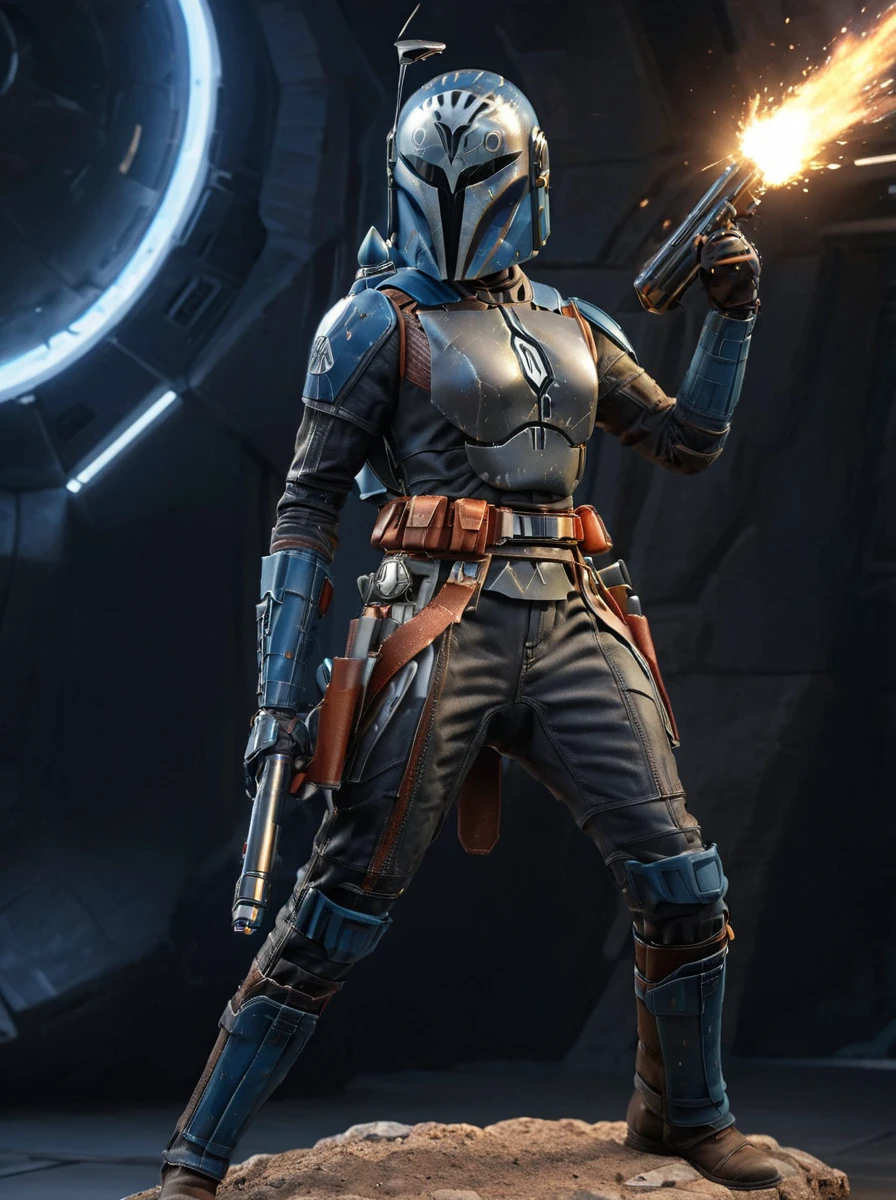 Bo-Katan Kryse Mandalorian <lora:Bo-Katan_Kryse_Mandalorian_Queen:0.8> is holding a gun and is in a fighting stance wearing helmet, flames shooting out from jetpack, handguns in each hand, 8k uhd, dslr, soft lighting, jetpack, high quality, background of star wars desert planet, intricate details, masterpiece, trending on artstation, realistic, Cinematic, epic, action packed, incredibly detailed and realistic, magnificent, vignette, high budget, bokeh, moody, sharp, highly detailed, concept art, realistic hands, dynamic pose, dynamic shot, fantastic location, majestic cluttered environment, 8k unity render, action shot, skin pores, detailed, detailed face, (vibrant, photorealistic, realistic, dramatic, dark, sharp focus, 8k), (intricate:1.5), (highly detailed:1.4), octane render, sharp focus, art by artgerm, (loish:0.23) , wlop ilya kuvshinov, and greg rutkowski and alphonse mucha gracias, (global illumination, studio light, volumetric light), <lora:katee sackhoff v1a:1>