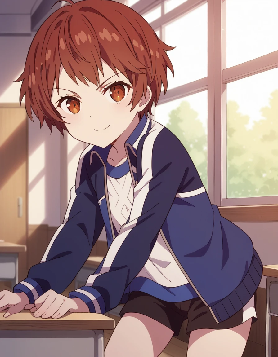 score_9, score_8_up, score_7_up, source_anime,
isamihijikata, <lora:isami-hijikata-movie-ponyxl-lora-nochekaiser:1>,
isami hijikata, short hair, brown hair, brown eyes,
jacket, shorts, black shorts, blue jacket, open clothes,
indoors, classroom, bent over, smile,
solo, dutch angle, looking at viewer, cowboy shot,