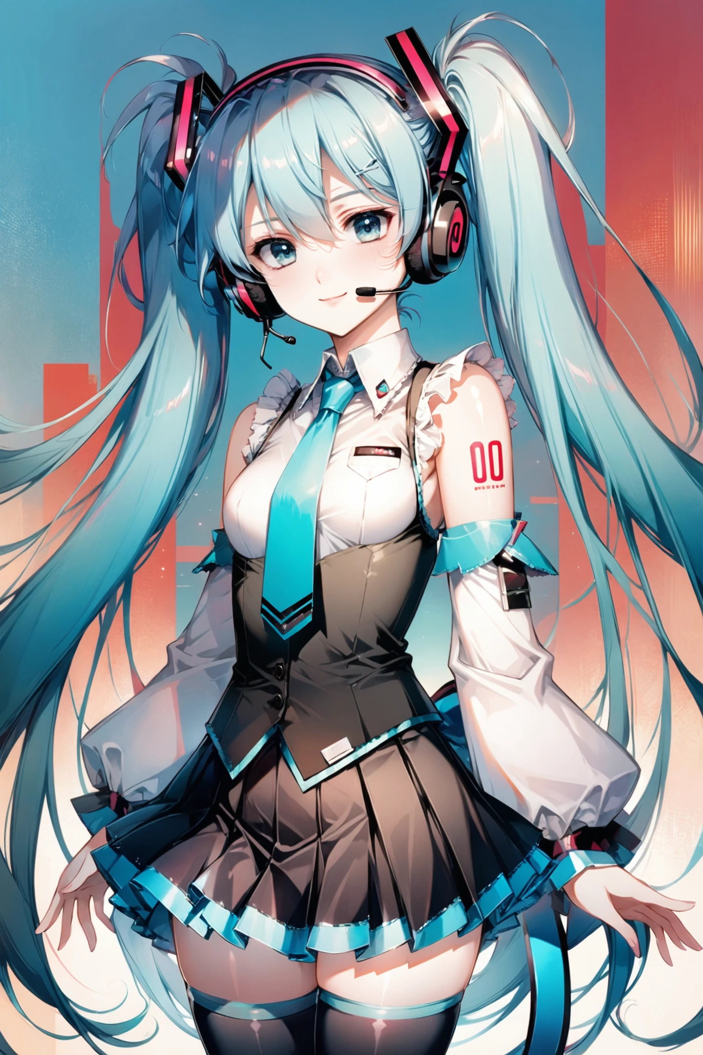 1girl,solo,hatsune miku,long hair,twintails,thighhighs,skirt,detached sleeves,necktie,headset,black thighhighs,looking at viewer,shirt,zettai ryouiki,black skirt,pleated skirt,very long hair,tattoo,headphones,cowboy shot,white shirt,bare shoulders,aqua eyes,aqua hair,breasts,sleeveless,smile,closed mouth,bangs,blue eyes,long sleeves,sleeveless shirt,frills,hair between eyes,hair ornament,blue hair,miniskirt,shoulder tattoo,blue necktie,<lora:flyx3_XL_netaArt:1>,