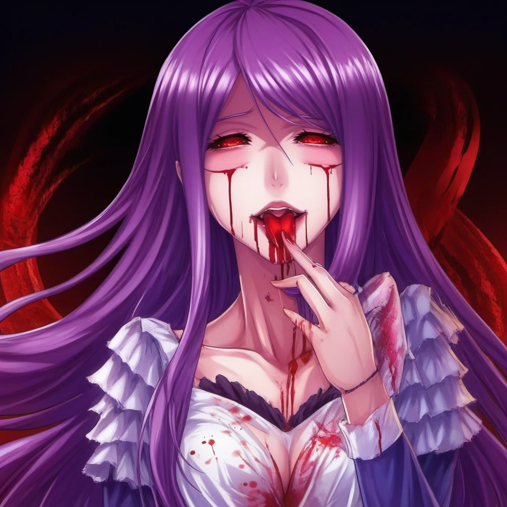 anime artwork woman with long purple hair , red eyes, tongue, blood, large breast, whire dress <lora:RizeKamishiro1024:0.8> . anime style, key visual, vibrant, studio anime, highly detailed