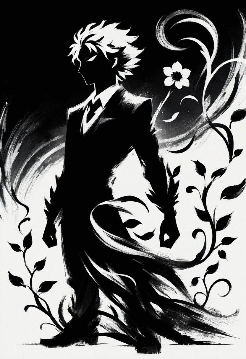 ShodoShuji-Swipe, (brush strokes:1.1), silhouette of Katsuki Bakugo with long hair flowing in swirls, black and white,flower, dress, from side, vines, simple background, long hair, full body, black and white background, silhouette