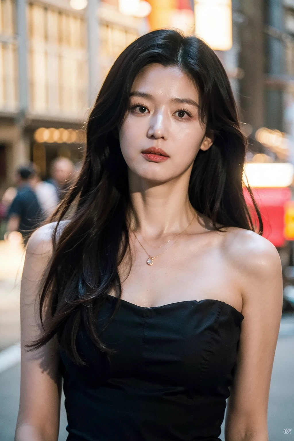 Best quality, masterpiece, ultra high res, (photorealistic), raw photo,1girl, skinny, upper body,solo, realistic, looking at viewer, long hair, bokeh background, city streets,brown eyes, black gothic sleveless dress,  <lora:makina69_junjihyun_v1.0:1>, necklace