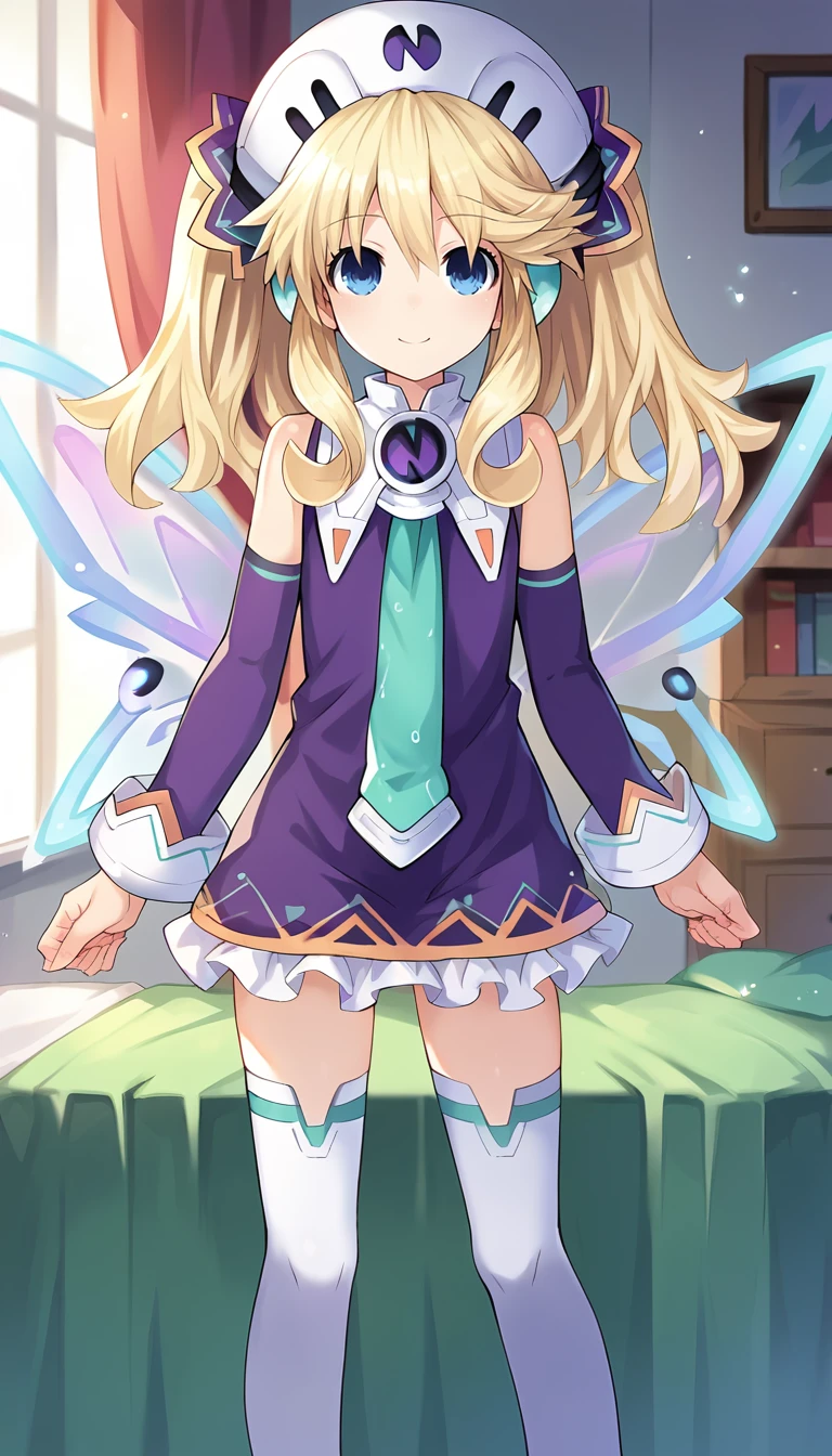 score_9, score_8_up, score_7_up, score_6_up, score_5_up, source_anime, 1girl, solo, blonde hair, blue eyes, long hair, twintails, smile, closed mouth, short, short dress, hat, necktie, thighhighs, white legwear, fairy wings, footwear, boots, detached sleeves, standing, looking at viewer, dutch angle, cowboy shot, indoors,  <lora:Histoire_Neptunia_PonyXL:0.8>, Histoire \(neptunia)\,