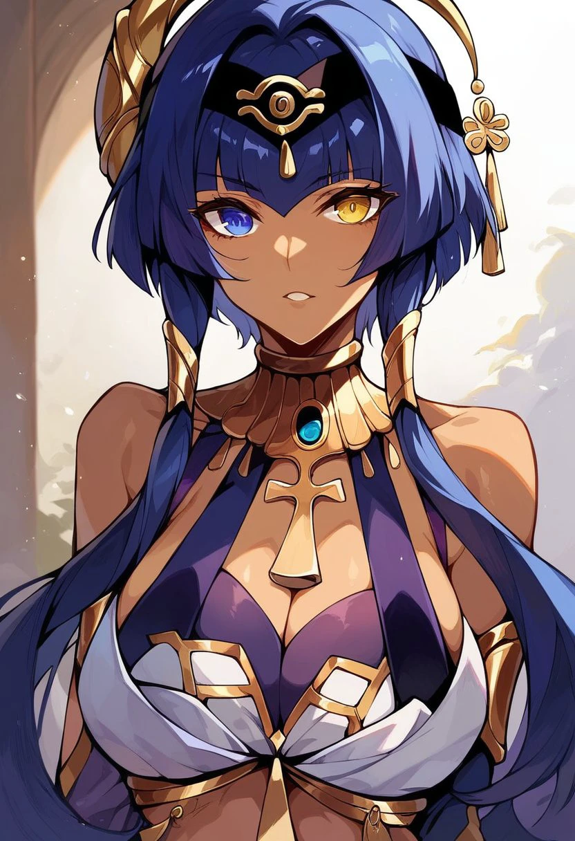 score_9, score_8_up, score_7_up, score_6_up BREAK
portrait, <lora:Candace_Genshin_Impact_PDXL:0.7> candace-dh, dark skin, eye of horus, bangs, blue hair, heterochromia, yellow eyes, blue eyes, jewelry, hair ornament, egyptian clothes, bare shoulders, hairband, detached sleeves, cleavage, sidelocks