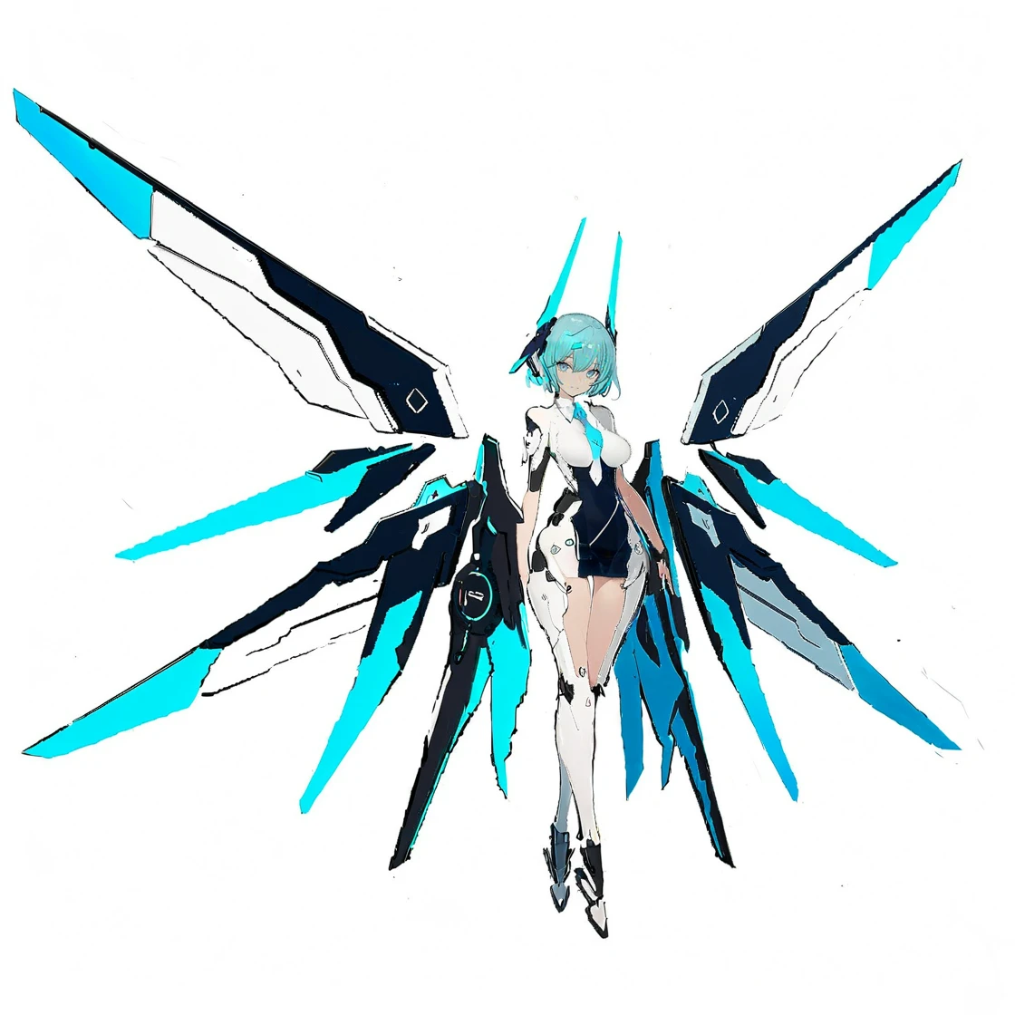 8k, best quality, masterpiece, (ultra-detailed:1.1),
<lora:jijiav2-a3-Tanger:0.8>, jijia, 2d, anime, 1girl, sketch, solo, blue hair, white background, blue eyes, short hair, wings, mechanical wings, necktie, simple background, mecha musume, science fiction, closed mouth, looking at viewer, breasts, floating,a drawing of a woman with large wings,an illustration of a girl with long wings