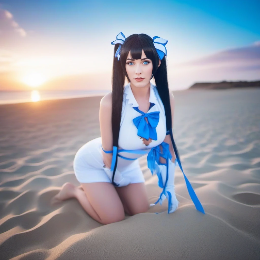 cinematic photo a woman, black hair, twintails, long hair, blue eyes, large breasts, dress, ribbons, cleavage, gloves, beach, sunset  <lora:GoddessHestia1024:0.8> . 35mm photograph, film, bokeh, professional, 4k, highly detailed