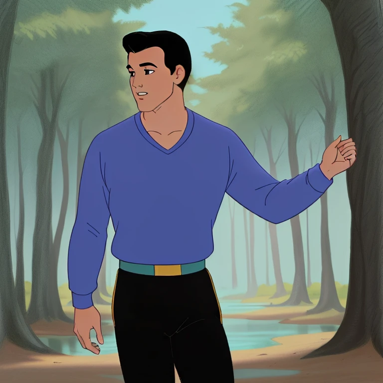 <lora:Prince_C-V4_HH-000021:0.75> Pr1nc3_C,((disney style animation drawing, drawing with dark thick lines)),
1boy,clothed man posing, slick back hair, blue sweater, black pants
<lora:DisneyRenV2:0.1> disneyrenaissance style, (image with very light colors)
(location: forest)