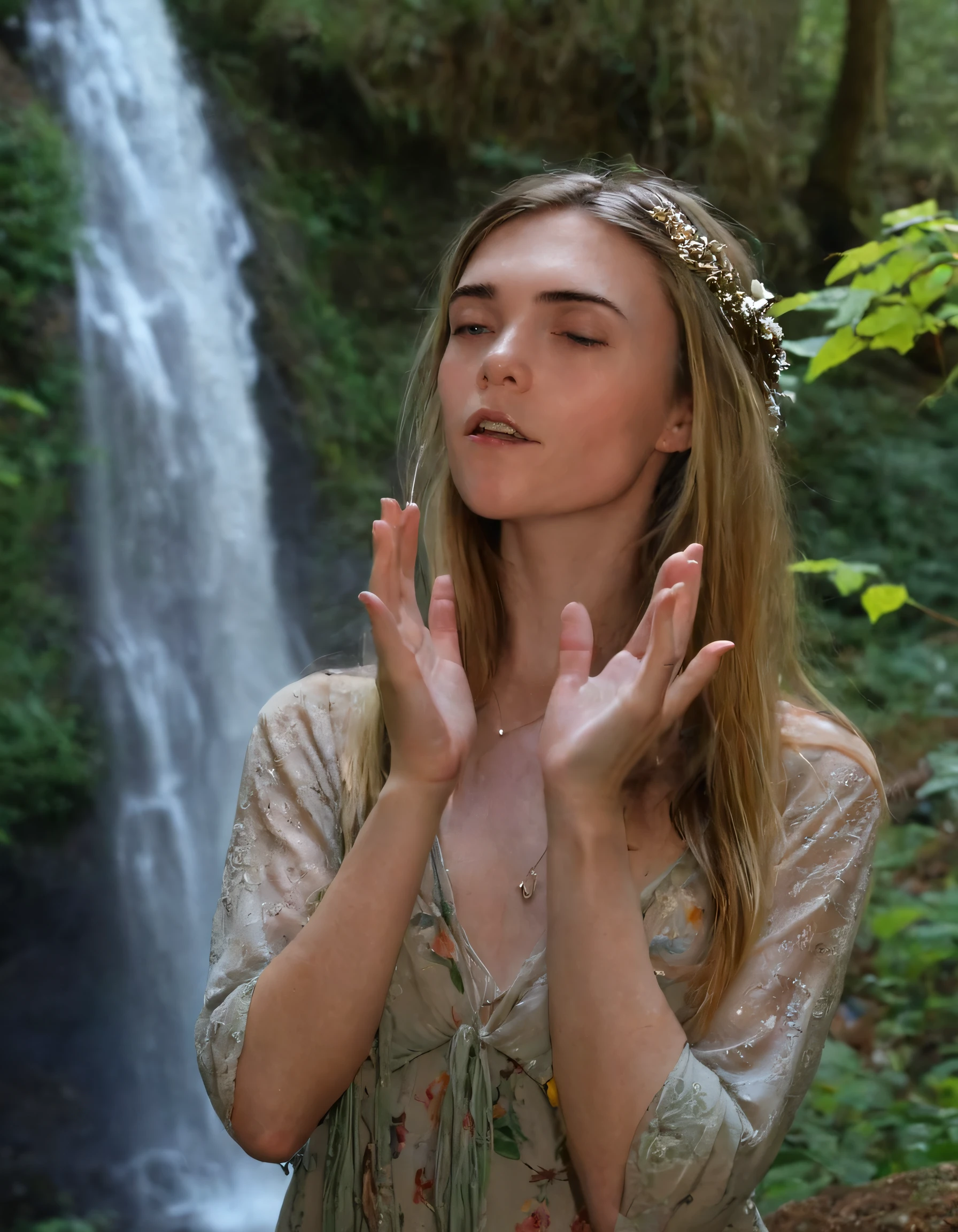 Noelle, attired in her bohemian splendor, radiates effortless femininity as she confidently poses amidst a mystical forest, where an enchanting dreamy camera angle captures her dreamlike face, expressive and alluring, with her slender hands elegantly gesturing towards the glittering waterfall in perfect harmony, revealing the profound connection between nature's magic and the timeless allure of femininity. <lora:ozyzuw18f741729fcy2cd:1>