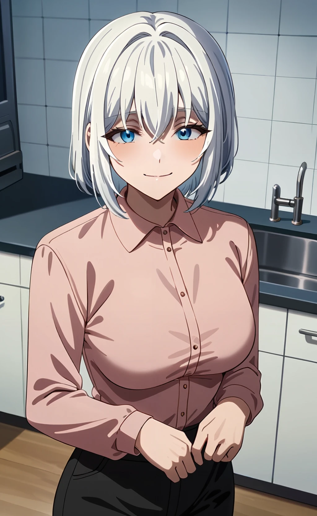 (masterpiece), (best quality), newest, (intricate details, very aesthetic), good hands  1girl, <lora:saitou_ine:1> ine_wz, white hair, blue eyes, short hair,  breasts,  long sleeves, pink shirt, collared shirt, black pants, standing, kitchen, looking at viewer, smile<lora:sd_xl_dpo_lora_v1:1>