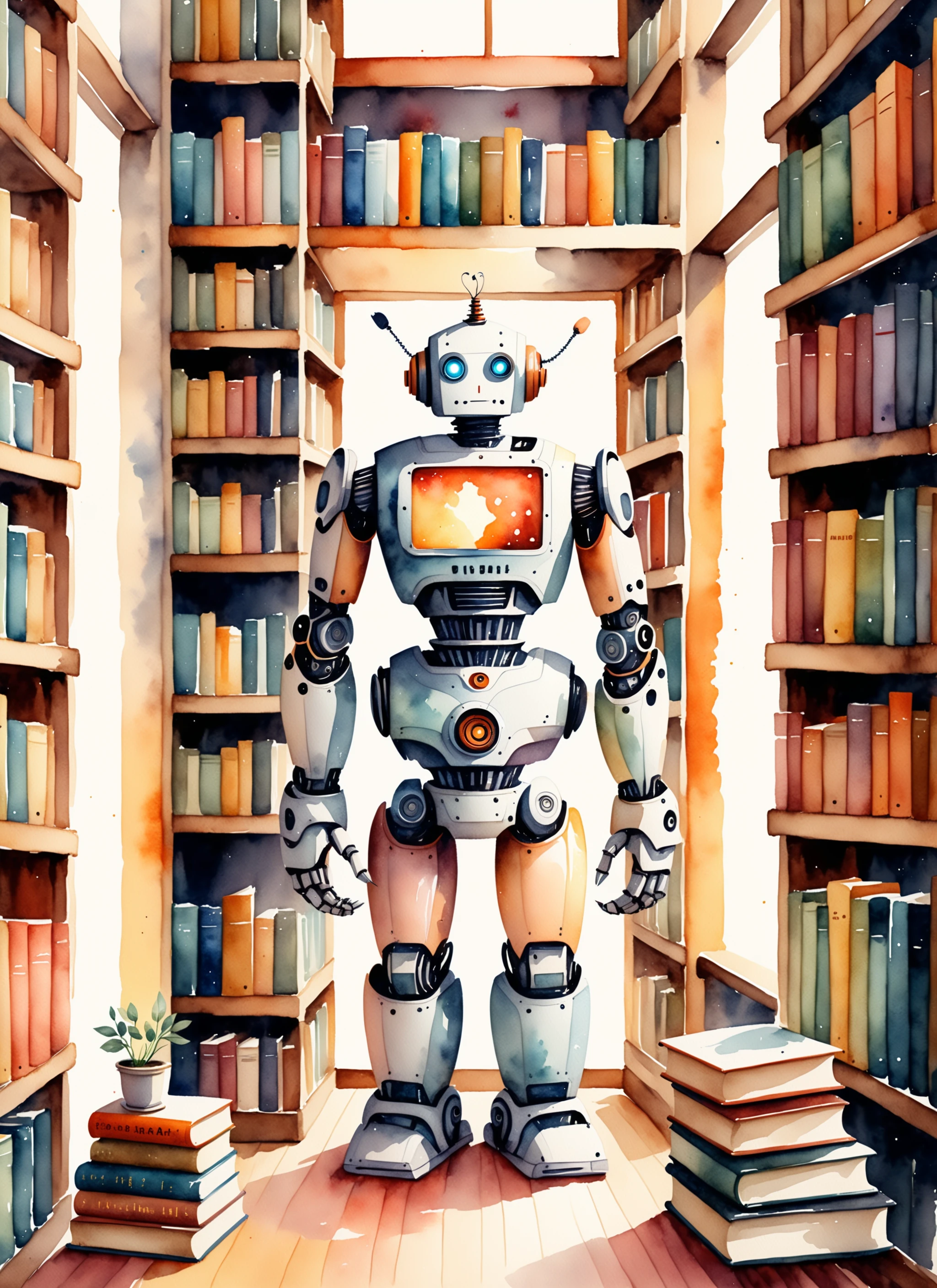 Medium long view watercolor illustration, (Helpful robot arranging books:1.3), Symmetrical layout, Robotic arms, Stacking volumes, (Mix of warm colors:1.2), Bookshelves background, Alphabetical order, Literary setting, Natural light filtering, (Organized library:1.2), Aquarelle textures, Cozy atmosphere <lora:Robot Head XL v1.0:1> robot_head