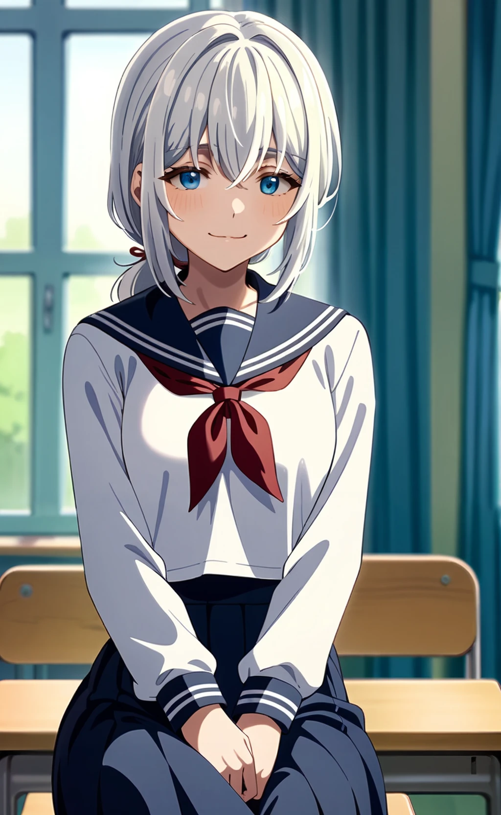 (masterpiece), (best quality), newest, (intricate details, very aesthetic), good hands  1girl, <lora:saitou_ine:1>, ine_wz, short hair, white hair, low ponytail, blue eyes, school uniform, serafuku, white shirt, long sleeves, blue skirt, long skirt, blue sailor collar, red ribbon, school desk, sitting, looking at viewer, smile, :3, light blush, window, light rays, <lora:sd_xl_dpo_lora_v1:1>