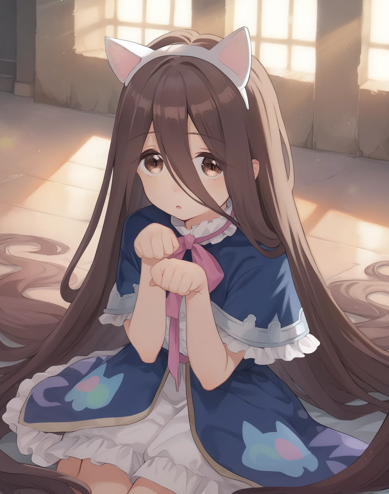 score_9, score_8_up, score_7_up,score_6_up, 1girl sitting on the floor, castle, window, sunlight, paw pose, fake cat ears, open mouth,
<lora:fishinlol_style_pony6_v2-000016:1> <lora:sense_sousou no frieren_PONY_last:0.6> sense \(sousou no frieren\),brown eyes,very long hair,absurdly long hair,hair between eyes,eyes visible through hair, blue capelet,frilled dress,white long dress
