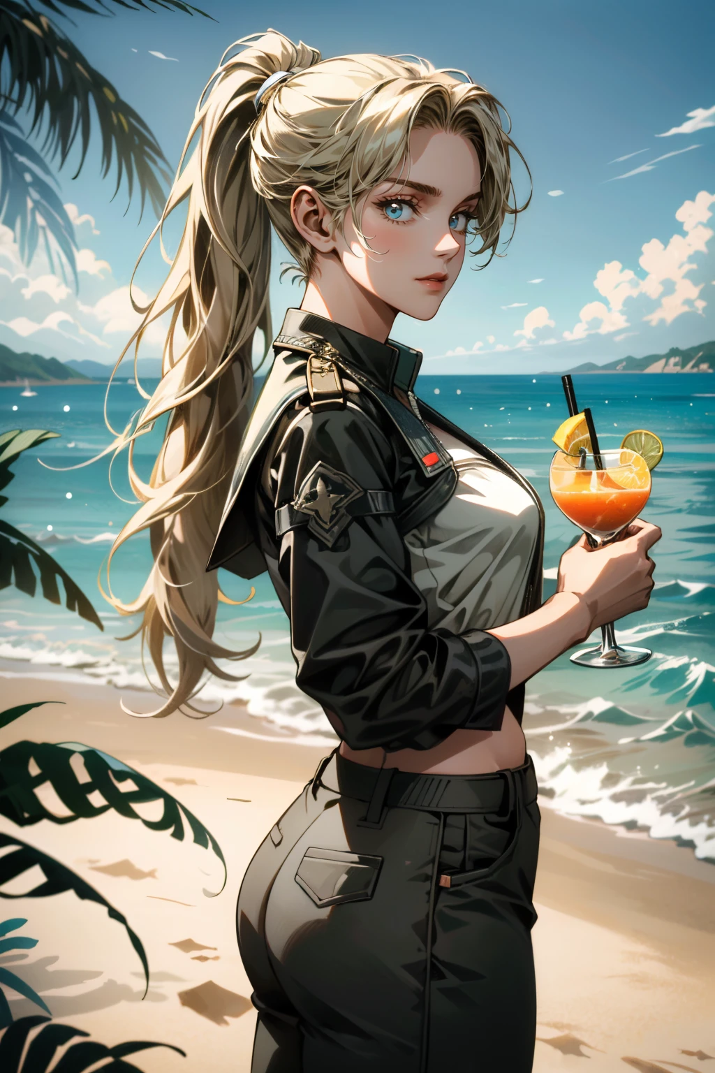 ((ultra detailed, masterpiece, absurdres))
 <lora:MKSonya:0.8>
MKSonya, 1girl, ponytail, long hair, blonde hair, looking at viewer, at the beach, holding a cocktail, palm trees, ocean, sand