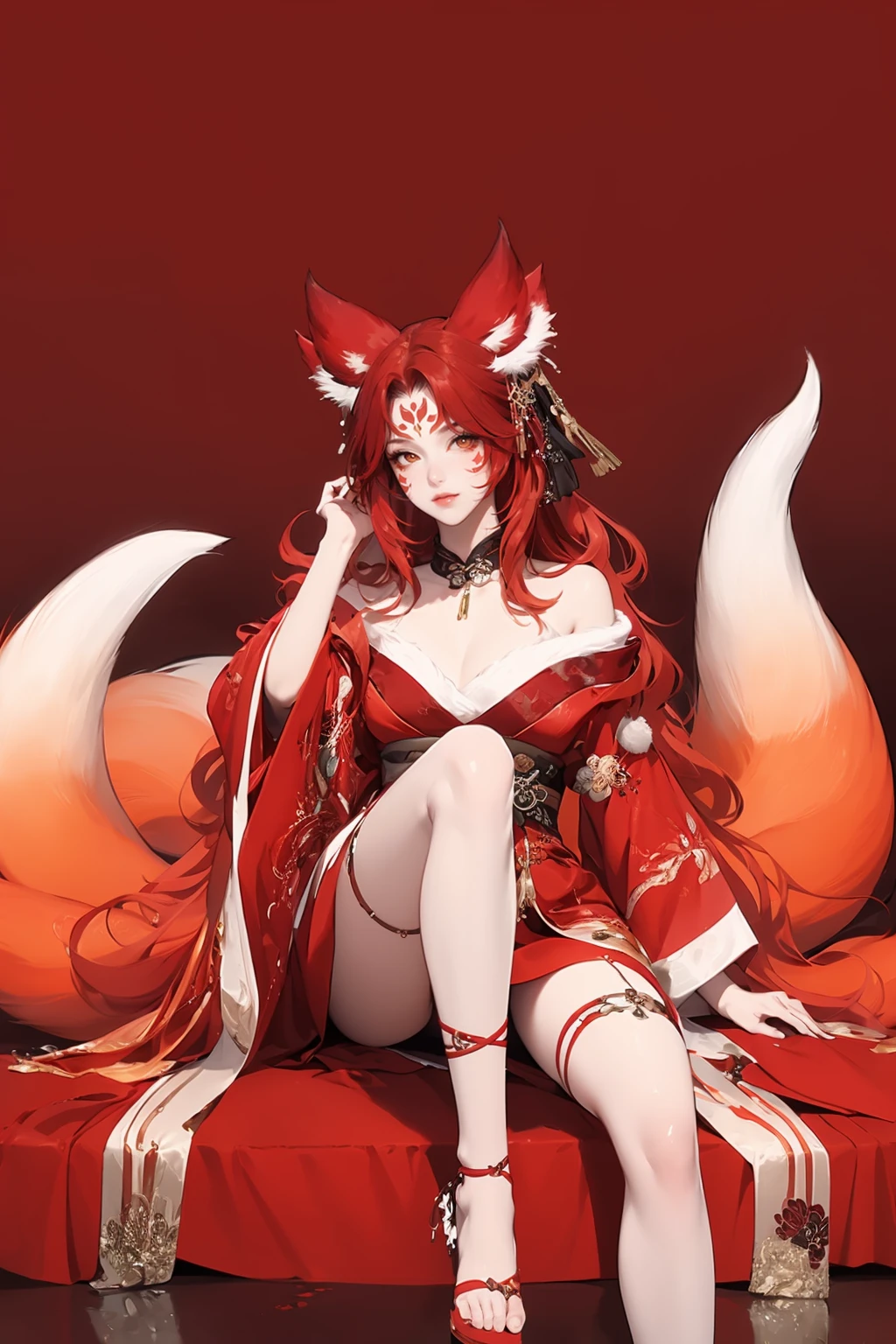 (masterpiece, best quality,masterpiece,illustration,),
very long hair,solo,red hair,red background,sitting,
<lora:red9fox:0.8>,red9fox,fox ears,fox girl,hair ornament,jewelry,off shoulder,forehead mark,long sleeves,tail,