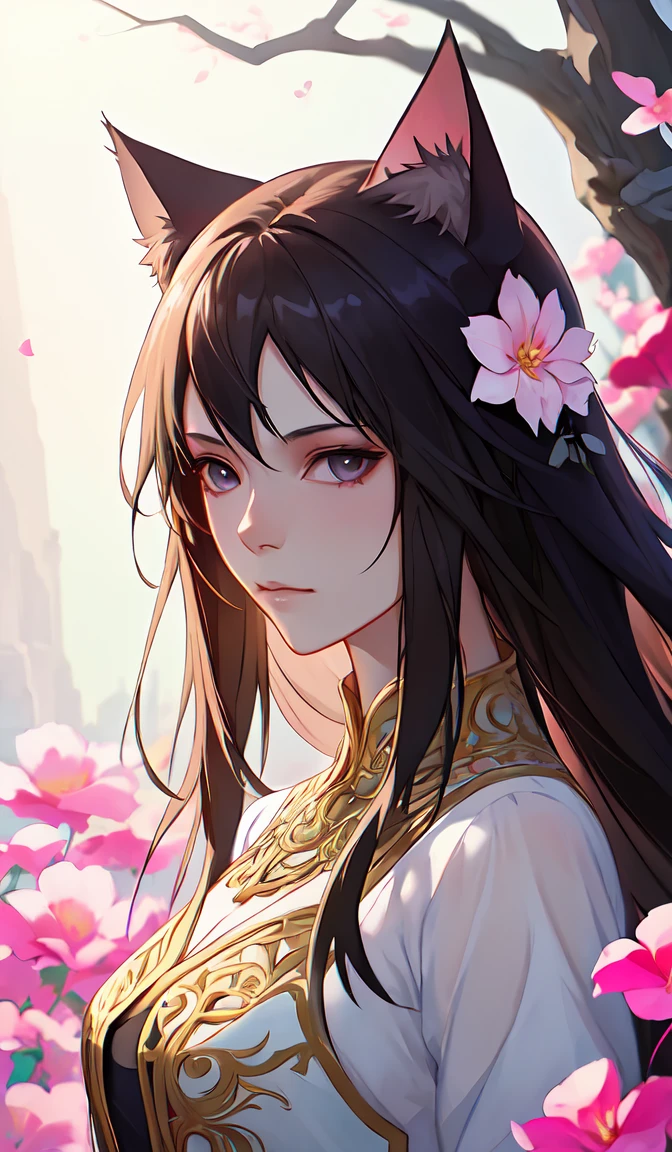a stunning portrait of an olive - skinned witch with cat ears wearing an ornate flower dress, by makoto shinkai, wlop, andrei riabovitchev, sakimichan, summer vibes, very coherent symmetrical artwork, perfect face, studio lighting, smooth, sharp focus, 4 k, masterpiece, trending on artstation