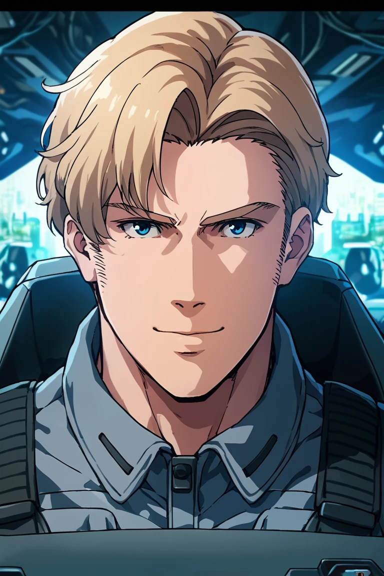 score_9,score_8_up,score_7_up, solo male, (anime:1.2), Lewis Smith, (blond hair), short hair, blue eyes, sideburns, (grey pilot jumpsuit, grey sleeves), (black tactical vest), mecha cockpit, (close-up, headshot:1.5), from front, mature, handsome, charming, alluring, (masculine, manly, hunk, beefy:1.3), intense eyes, v-shaped eyebrows, smile, look at viewer, sitting, huge industrial mecha, mecha cockpit, operator's seat, throttle, joystick, seatbelt, multiple monitor screen, perfect anatomy, perfect proportions, best quality, masterpiece, high_resolution, (symmetrical picture, front view:1.5), photo background, science fiction, mecha, multiple monitors, cinematic, war, mecha, robot, cinematic still, emotional, harmonious, vignette, bokeh, cinemascope, moody, epic, gorgeous, city ruins, inside the mecha<lora:EMS-368093-EMS:0.800000>