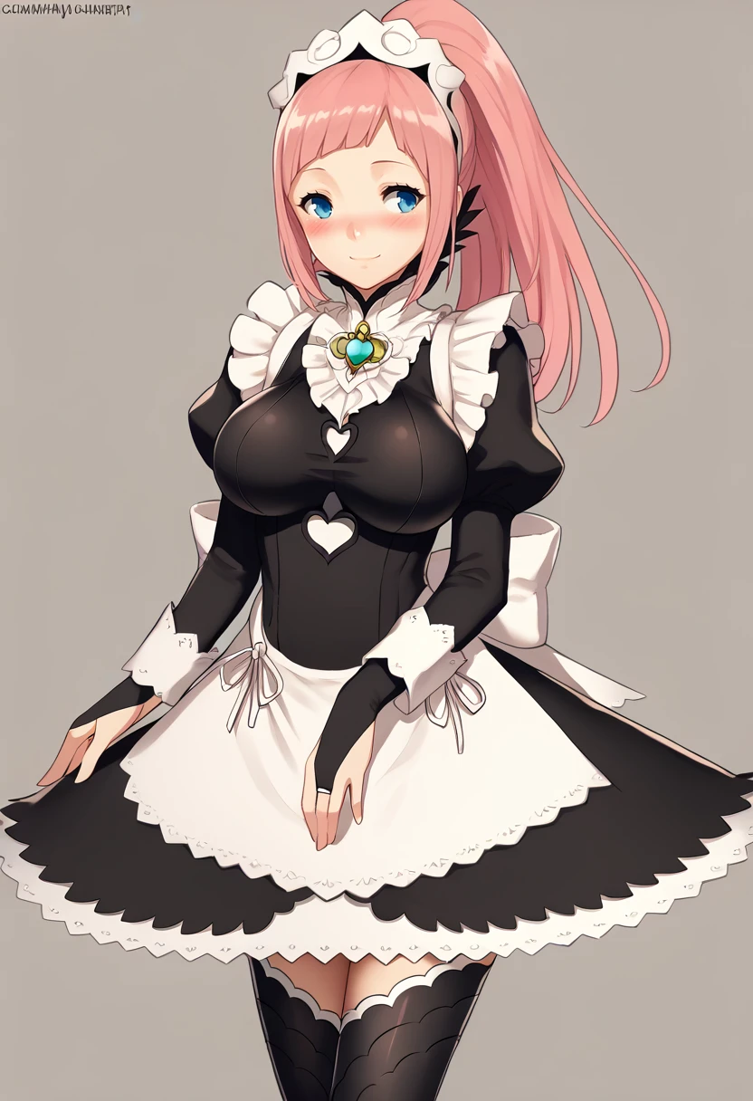 score_7_up, source_anime, 1girl, solo, <lora:kainkout-artist-richy-v1_pdxl:1> <lora:felicia-fe-richy-v1_pdxl:1> feliciadef, pink hair, ponytail, blue eyes, maid headdress, brooch, maid apron, black thighhighs, bridal gauntlets, large breasts, smile, blush, standing, simple background