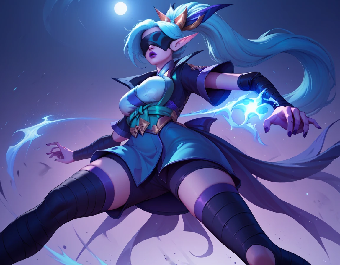 score_9, score_8_up, score_7_up,score_6_up, score_5_up, score_4_up ,1girl, solo,
large breasts,
SBVayneDG,
sbvayneDG,
long hair, elf, purple lips, blue hair, hair ornament, ponytail,
toeless legwear,covered eyes, thighhighs, open jacket, short sleeves, elbow gloves,
battle, fighting stance, clenched hands,
glowing, light particles, night,
from below,
<lora:SB Vayne PonyXL:1>
