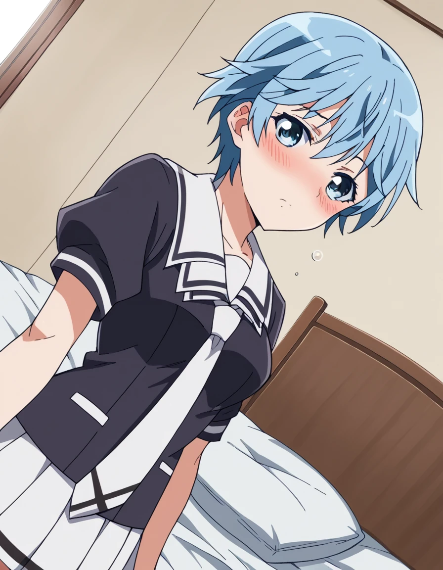 score_9, score_8_up, score_7_up, source_anime,
fuukaakitsuki, <lora:fuuka-akitsuki-s1-ponyxl-lora-nochekaiser:1>,
fuuka akitsuki, short hair, blue eyes, blue hair,
skirt, school uniform, necktie, serafuku, socks, kneehighs, skirt, white skirt, pleated skirt, black shirt,
indoors, bed, bed room, on side, blush, drunk,
solo, dutch angle, looking at viewer, cowboy shot,