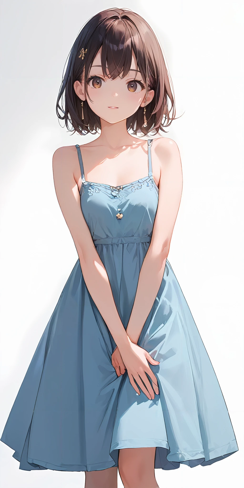 score_9, score_8_up, score_7_up,source_anime, high res image,masterpiece,best quality,girl,cowboy shot,cute face,simple background, <lora:camisole dress_Pony_V1.0:1>jyoji fuku, dress,bare shoulders