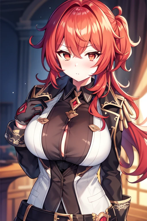 1girl, elf, red hair, ponytail,  large breasts,  <lora:hair_censorship:1> hair censorship,  hair over breasts , long hair,, (masterpiece, best quality:1.2), 4k, highres, detailed background, extremely high-resolution details, highly detailed, volumetric, dramatic lighting,