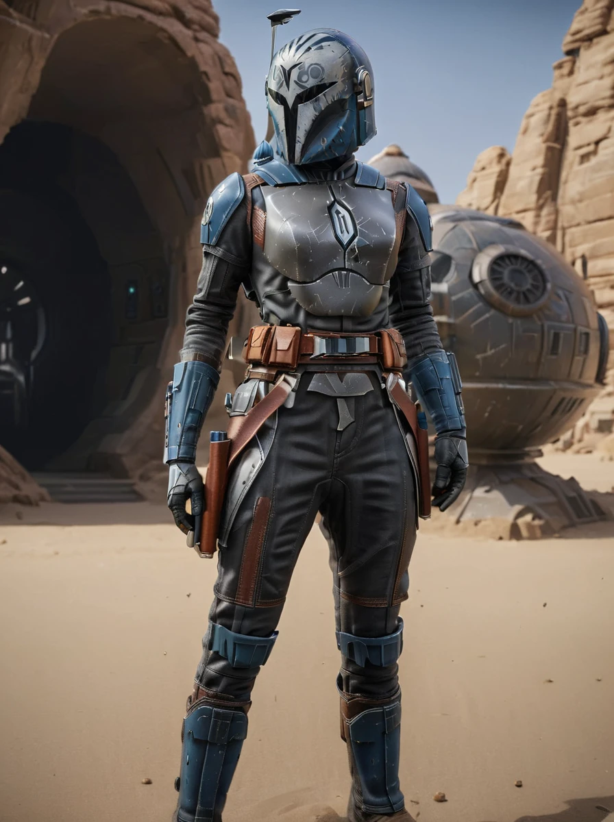 (full body1.5) Hyper-realistic shot of Bo-Katan Kryse Mandalorian <lora:Bo-Katan_Kryse_Mandalorian_Queen:0.8> is holding a gun and is in a fighting stance wearing helmet, flames shooting out from jetpack, handguns in each hand, 8k uhd, dslr, soft lighting, high quality, background of star wars desert planet, intricate details, masterpiece, trending on artstation, realistic, Cinematic, epic, action packed, incredibly detailed and realistic, magnificent, vignette, high budget, bokeh, moody, sharp, highly detailed, concept art, realistic hands, dynamic pose, dynamic shot, fantastic location, majestic cluttered environment, 8k unity render, action shot, skin pores, detailed, detailed face, (vibrant, photorealistic, realistic, dramatic, dark, sharp focus, 8k), (intricate:1.5), (highly detailed:1.4), octane render, sharp focus, art by artgerm, (loish:0.23) , wlop ilya kuvshinov, and greg rutkowski and alphonse mucha gracias, (global illumination, studio light, volumetric light), <lora:katee sackhoff v1a:1>