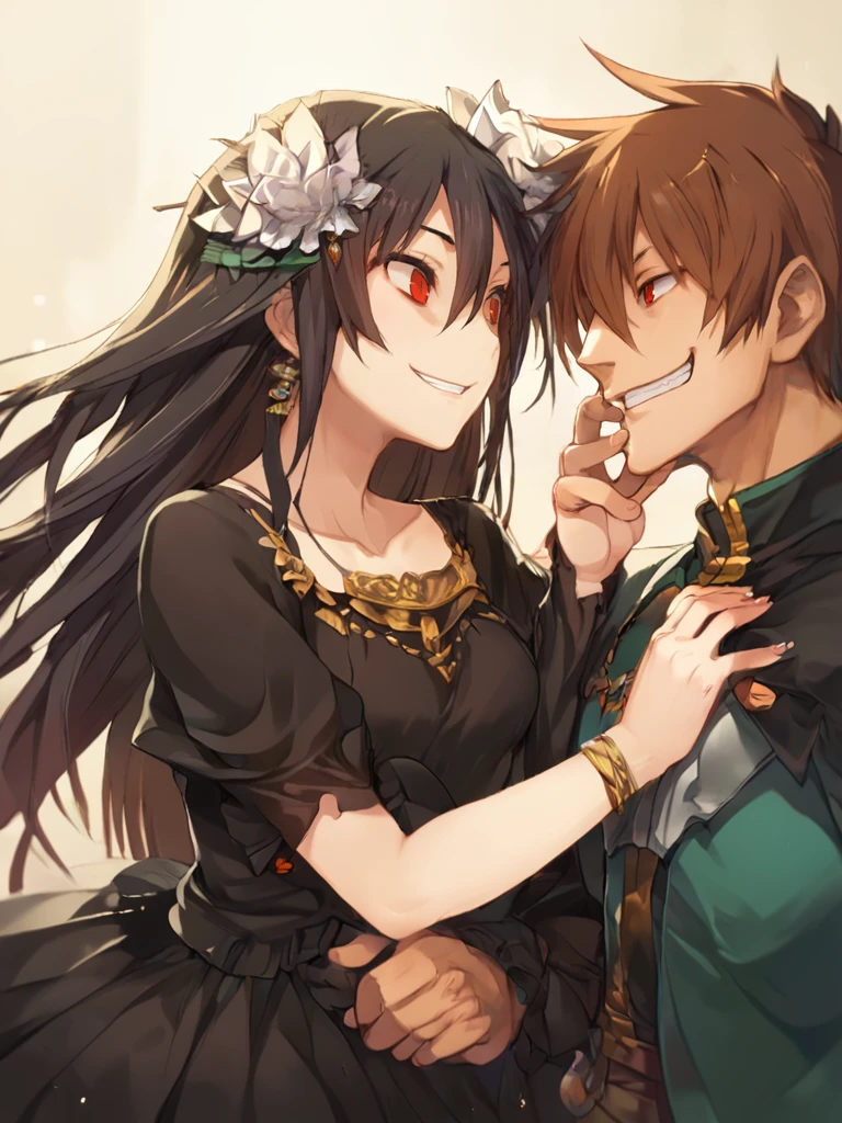 score_9, score_8_up, score_8, <lora:rance_pony_v1-0:0.8>
miracle tou, 1girl, smile, longhair, brown hair, black hair, hair ornament, red eyes, 1boy, dress, hair between eyes, jewelry, flower, hetero, hair flower, grin, looking at another, black dress, hand on another's face